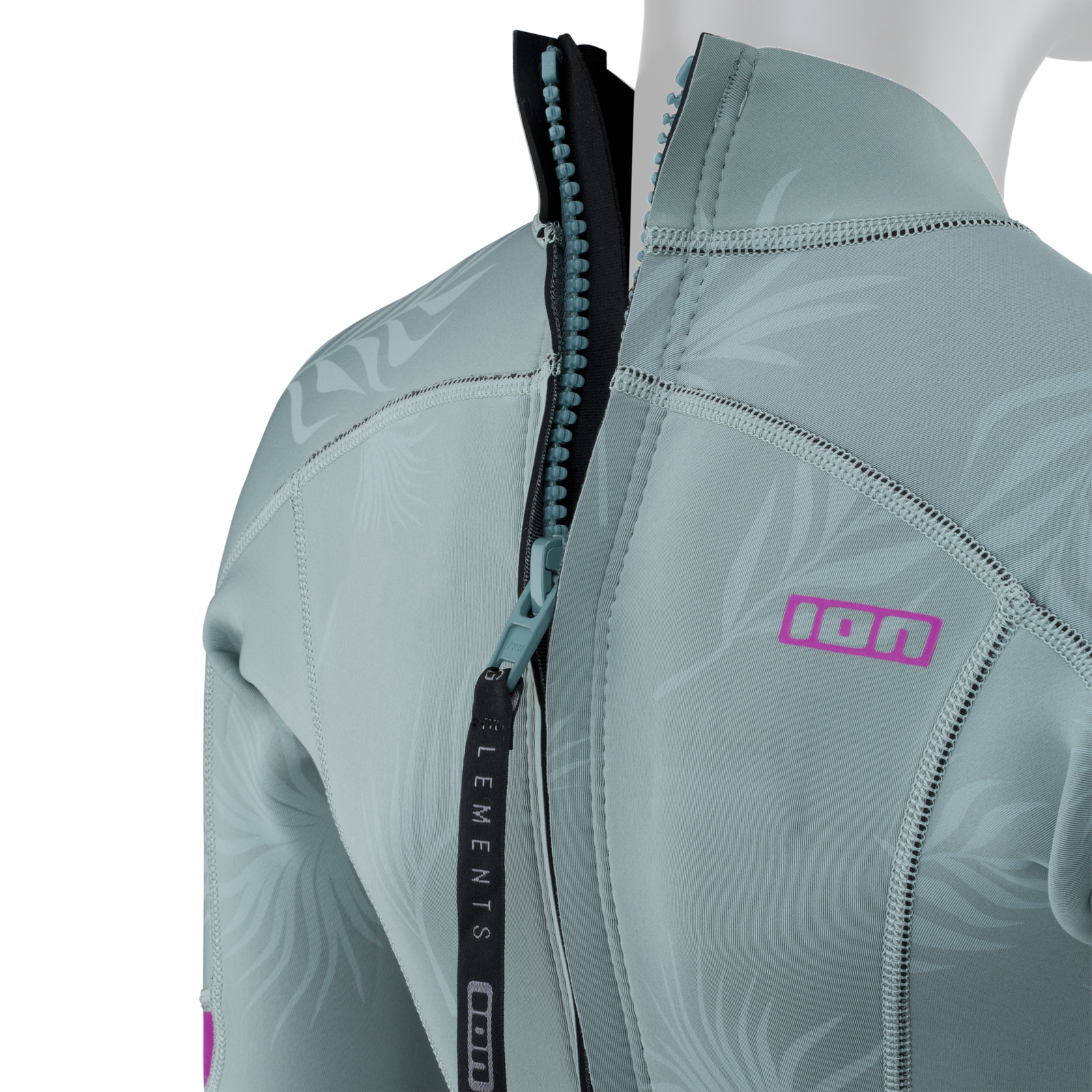 ION Amaze long-sleeve shorty wetsuit back zip in sage green with tropical print, zipper detail