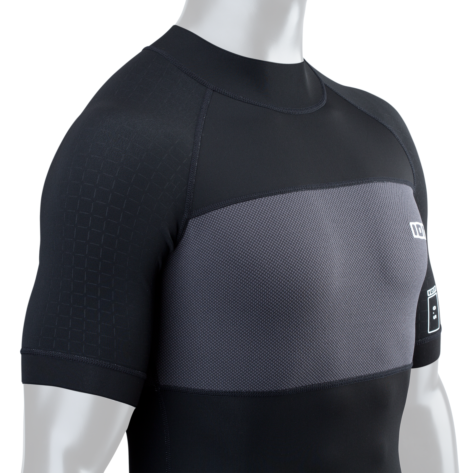 ION Neo Top 0.5 SS men's wetsuit top in black and charcoal grey, three-quarter view