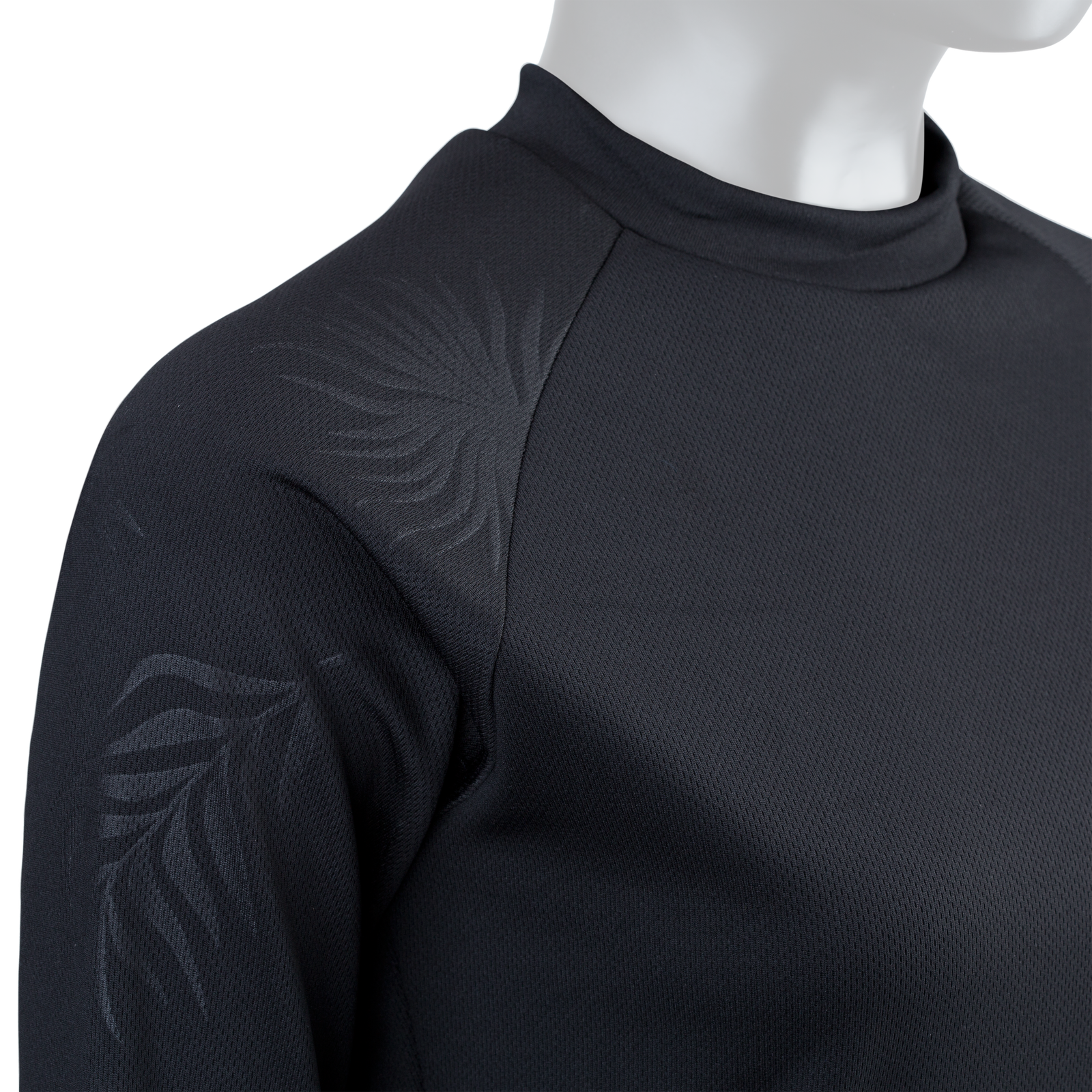 ION Water Wetshirt LS mulher top manga comprida em preto carvão com estampa botânica no ombro