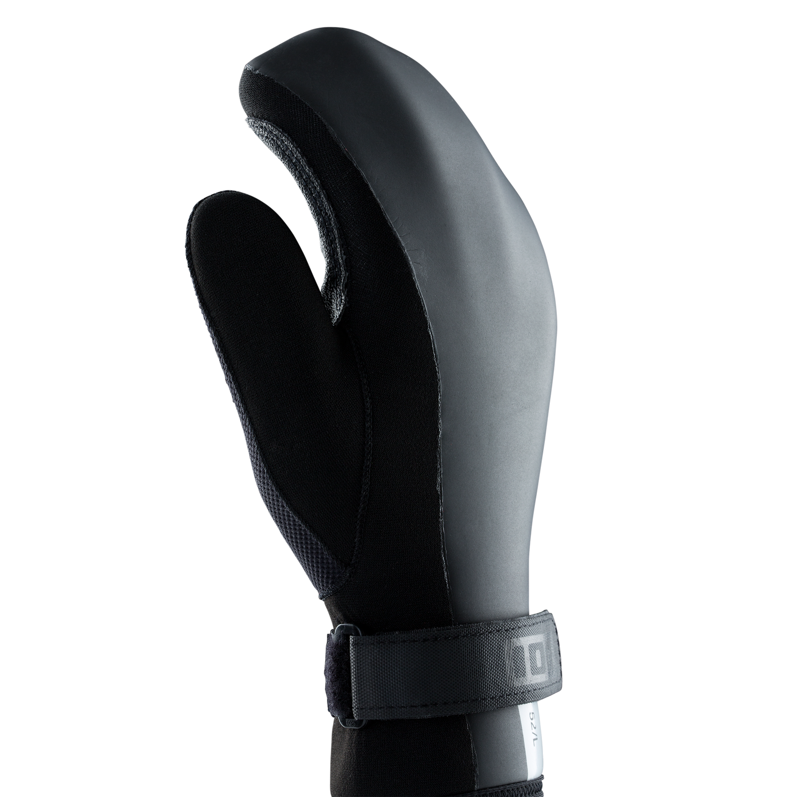Gant en néoprène ION Arctic 5mm en noir, vue trois quarts avec design lobster-claw