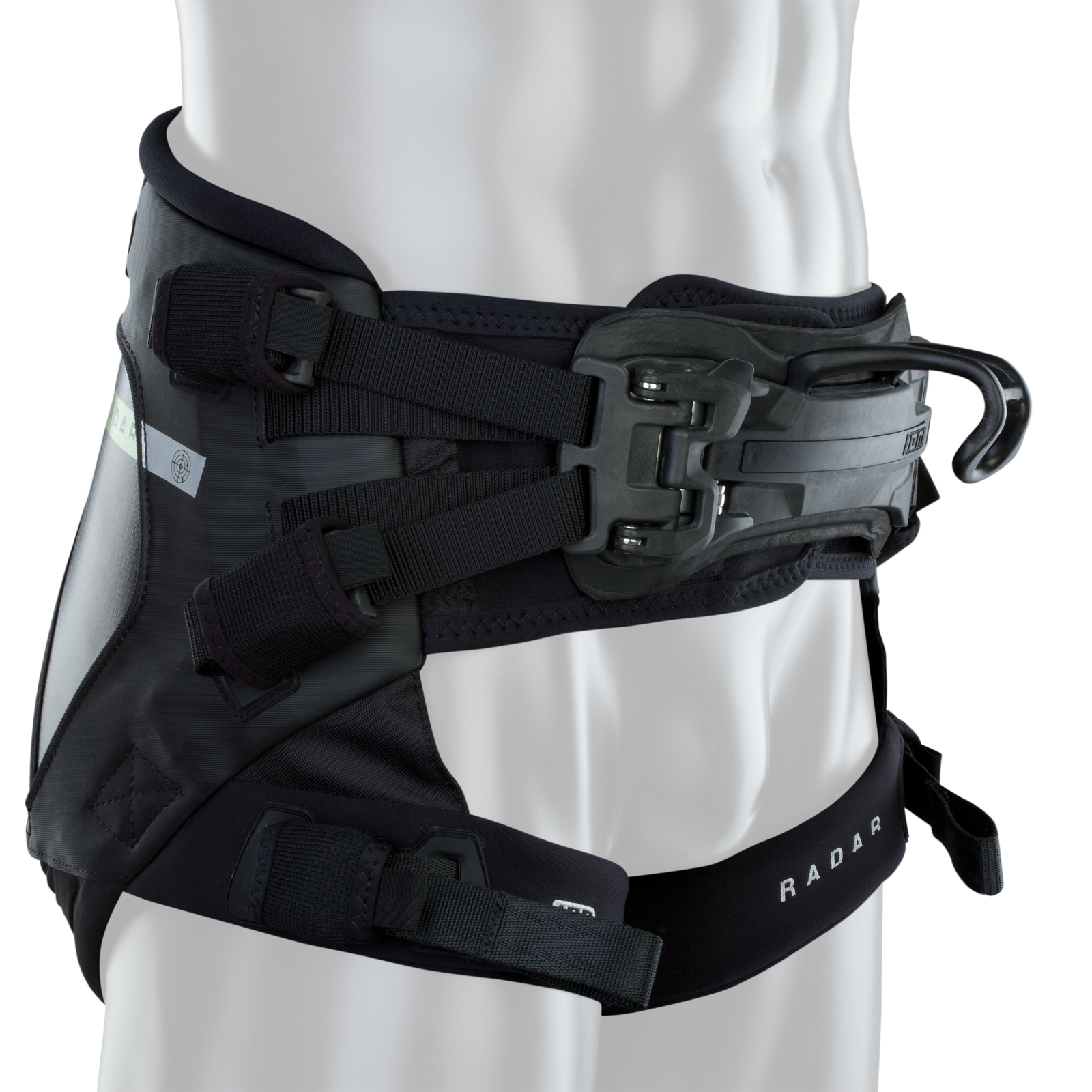 ION Radar seat harness in black with leg straps and Spectre Bar kite hook