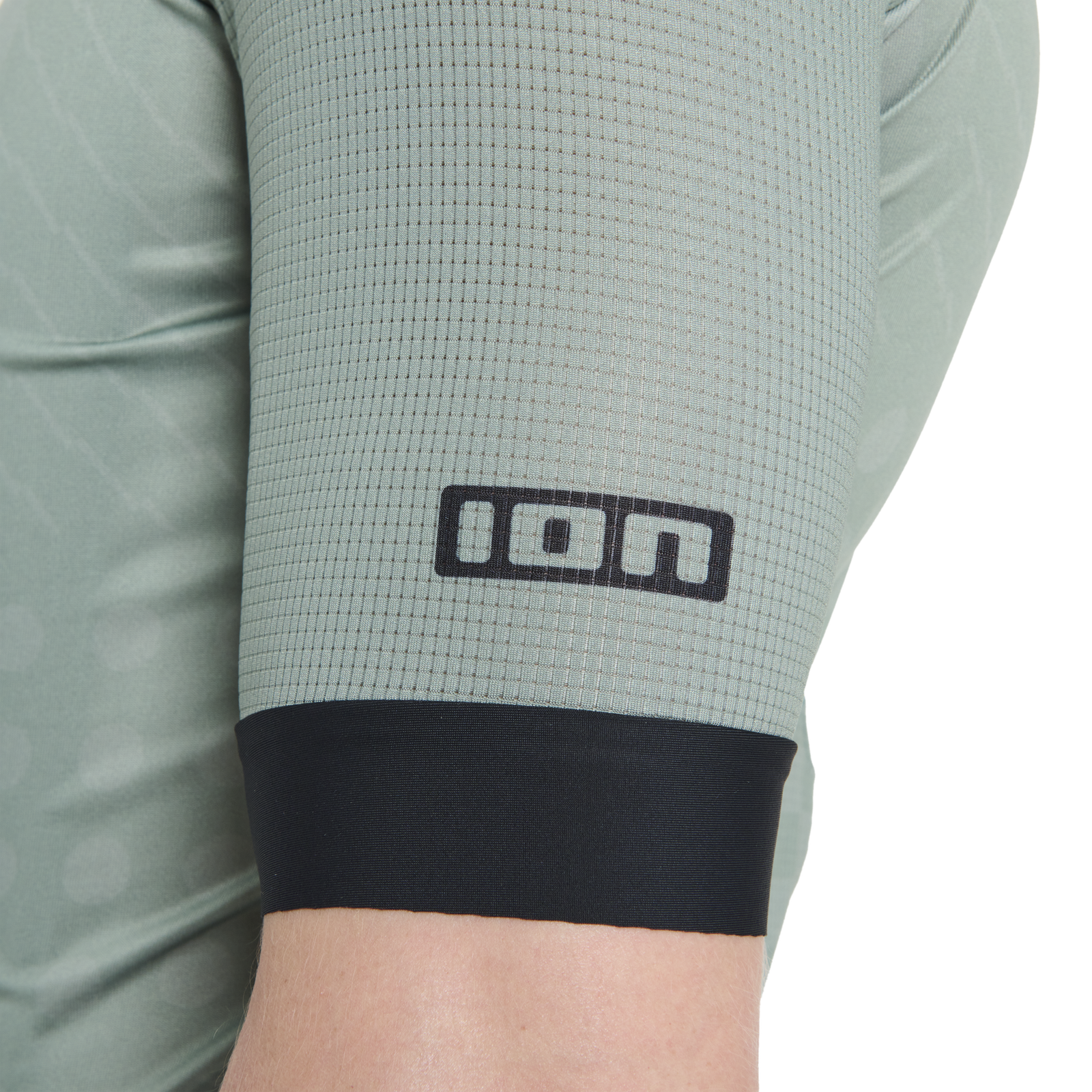 Maillot cyclisme ION VNTR Amp SS homme vert sauge détail manche mesh aéré et manchette élastique