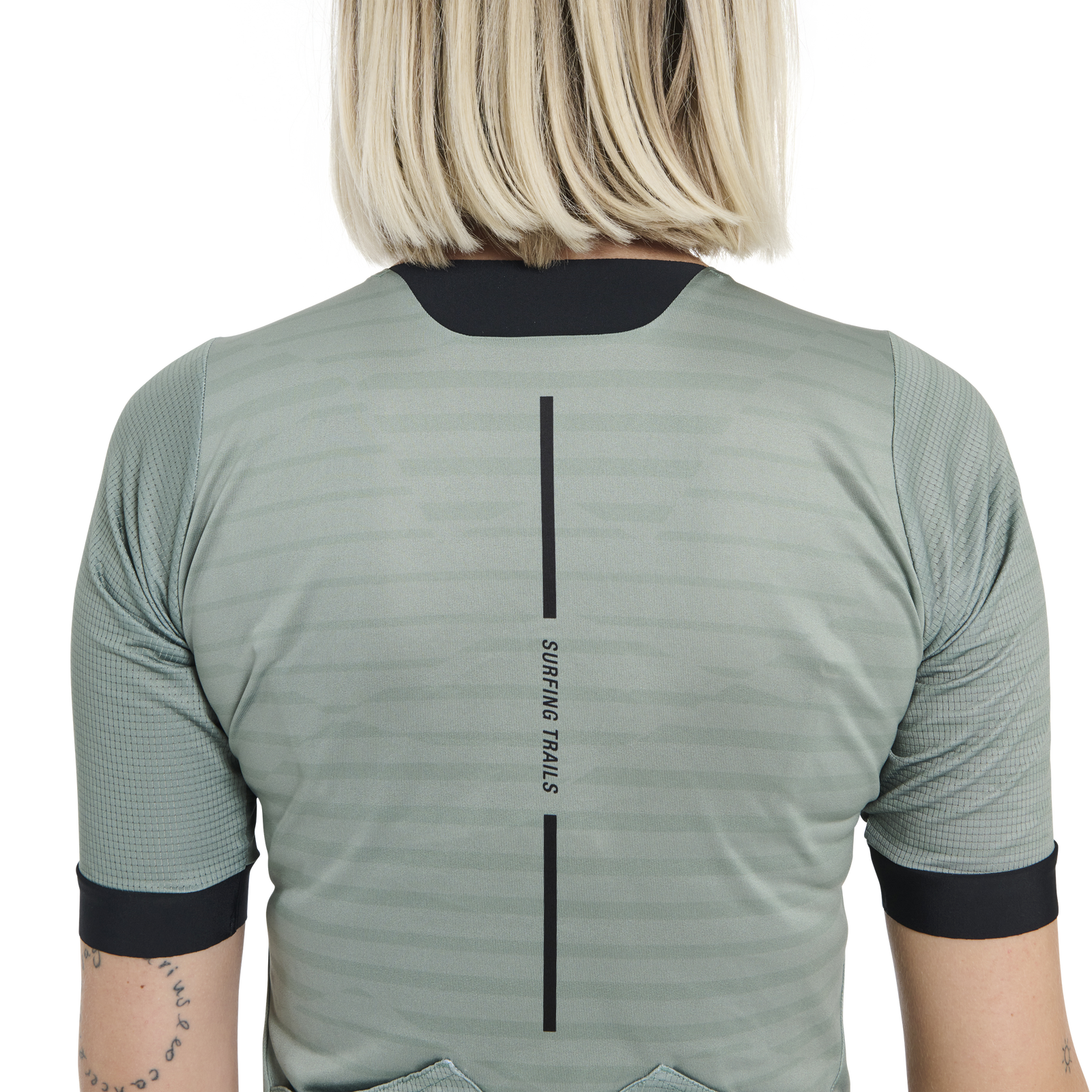 Maillot vélo femme ION VNTR Amp manches courtes en vert sauge pour gravel, vue de dos