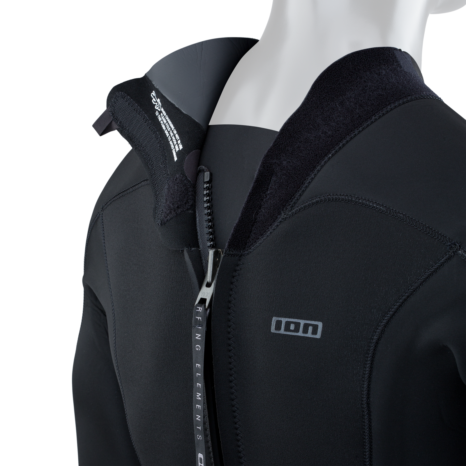 ION Element 4/3mm back-zip fullsuit wetsuit in black and charcoal, collar and zipper detail