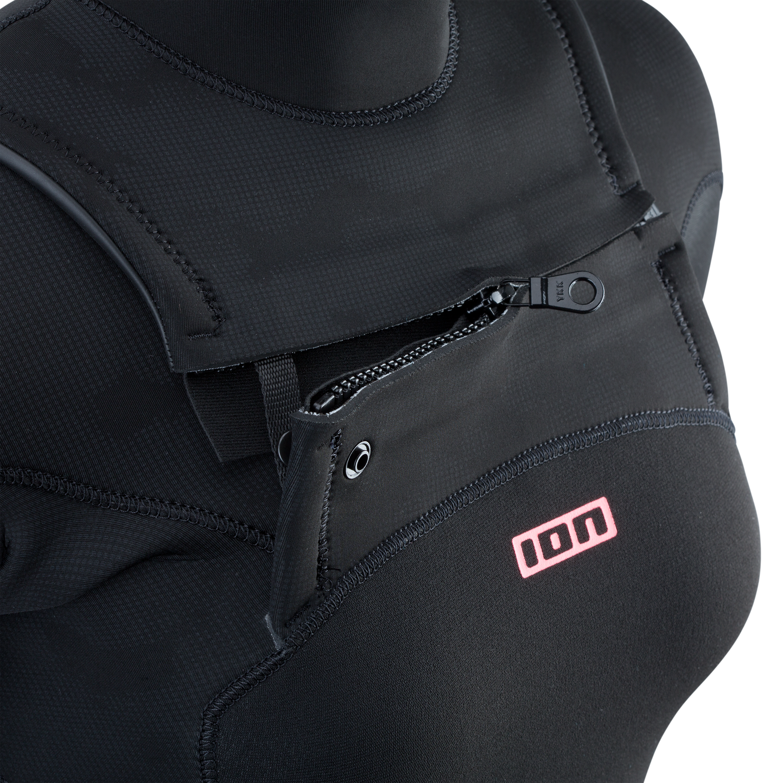 Fato de neoprene ION Element 3/2mm zip frontal feminino em preto, detalhe do fecho