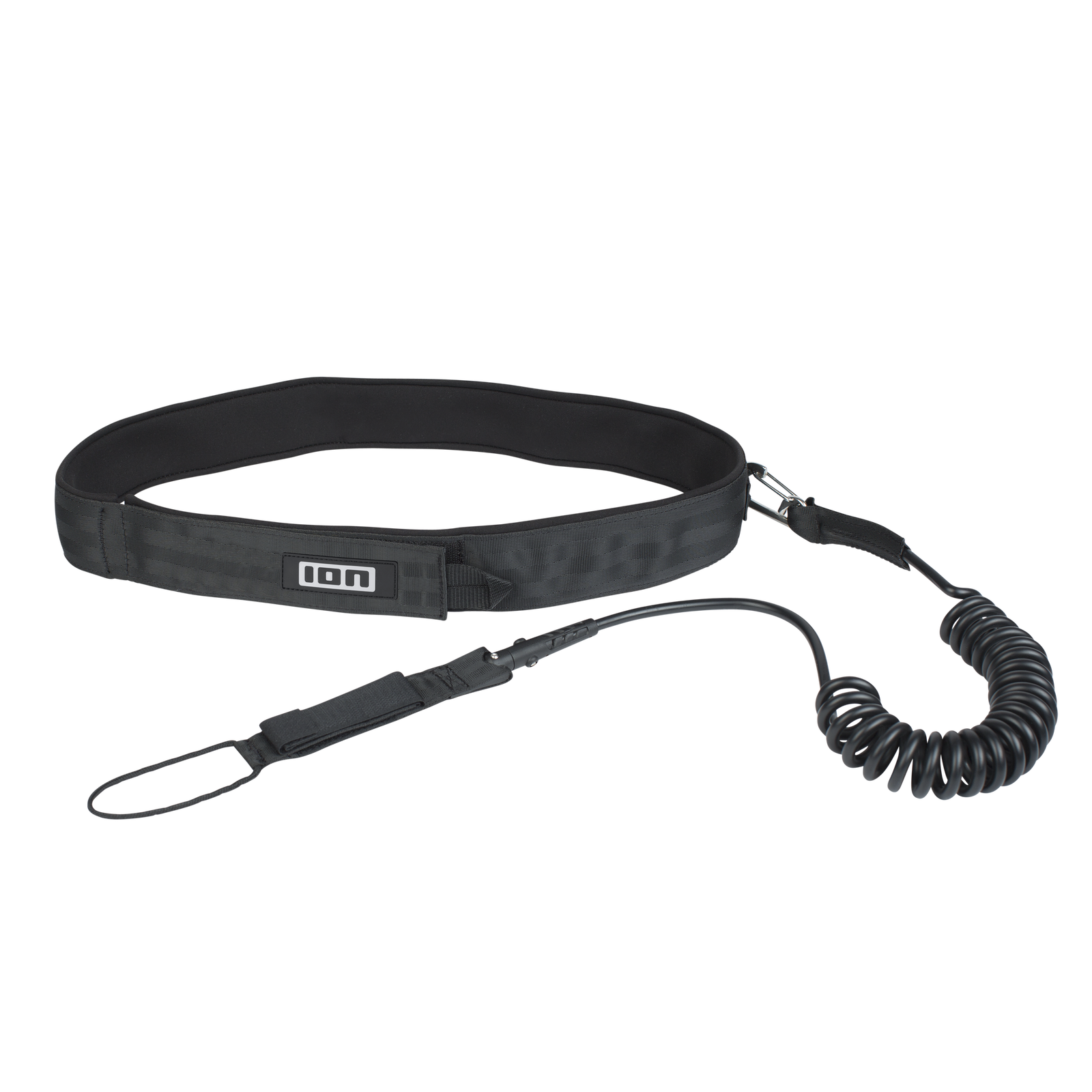 ION Core coiled hip leash in black with padded hip belt and coiled cord