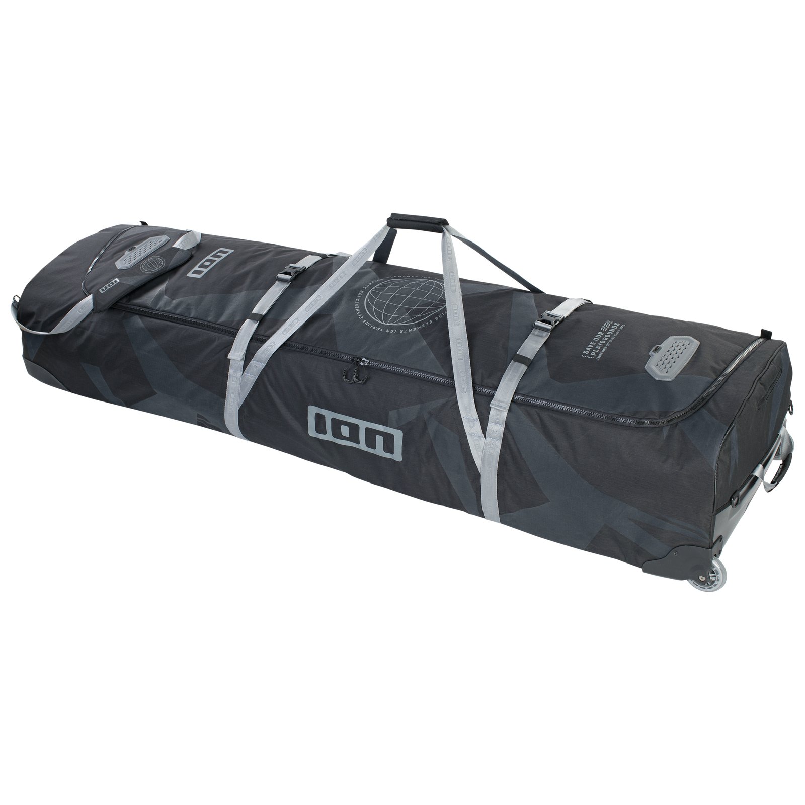 ION Gearbag TEC wheeled gear bag in black with grey straps, three-quarter view