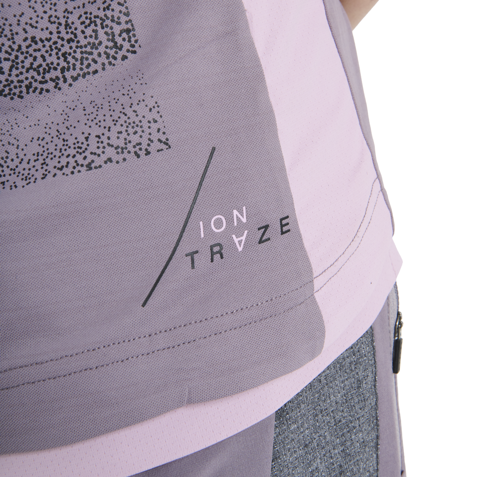 ION Traze Amp women short sleeve cycling jersey in mauve grey with mesh panel and zip pocket for mountain biking