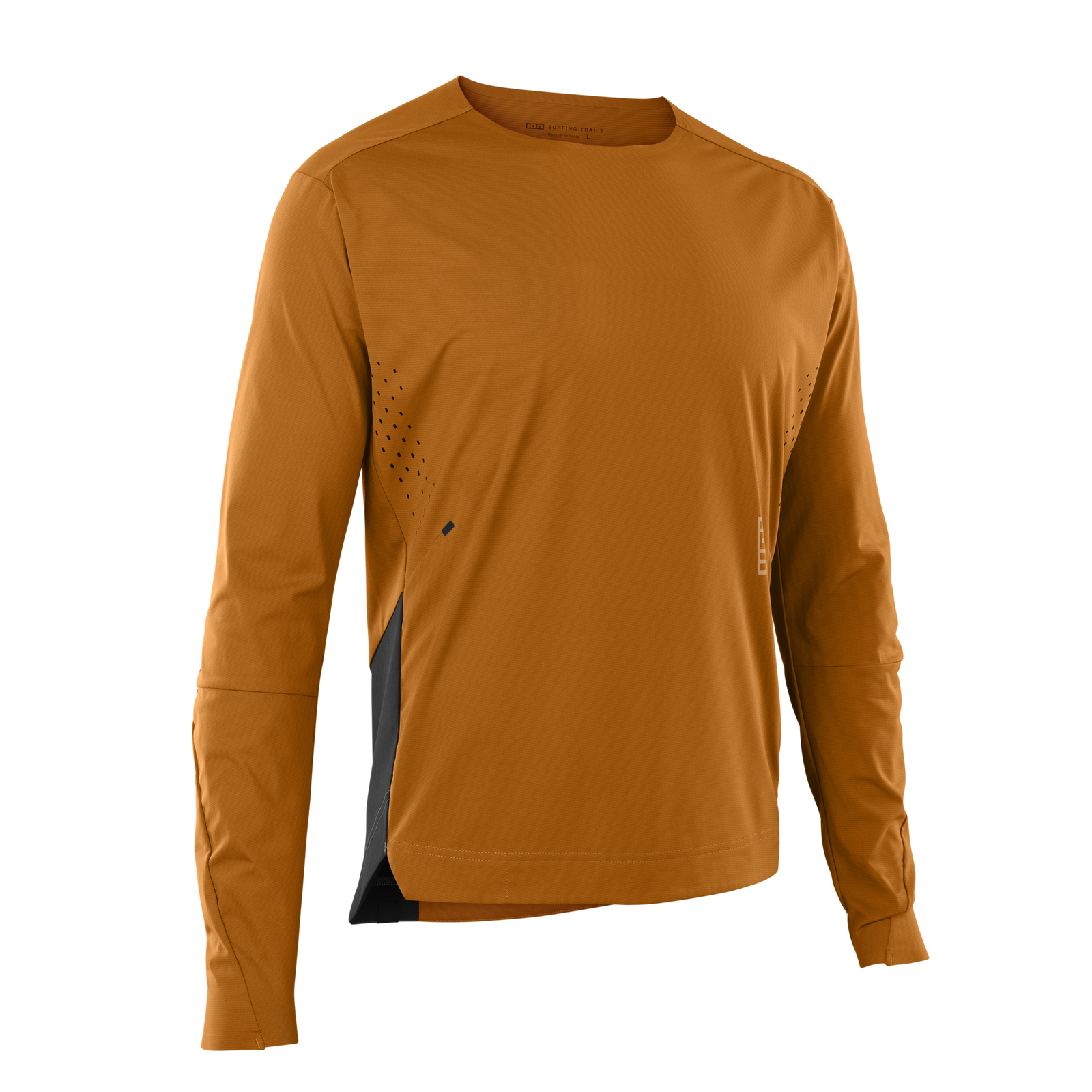 ION Scrub Amp long-sleeve cycling jersey in amber orange and charcoal for freeride mountain biking