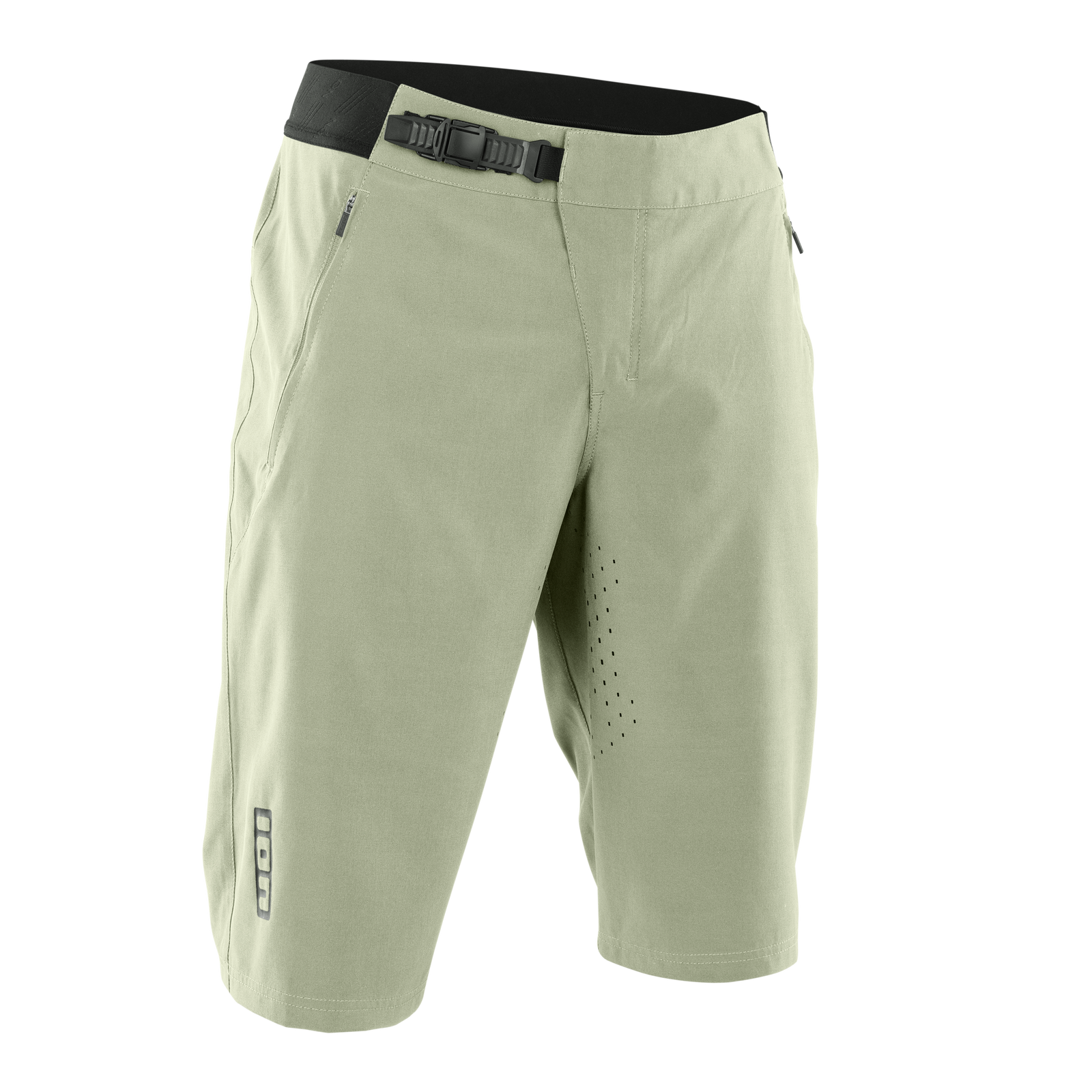 ION Bike TECH Logo cycling shorts in sage green with ratchet buckle for mountain biking and trail riding