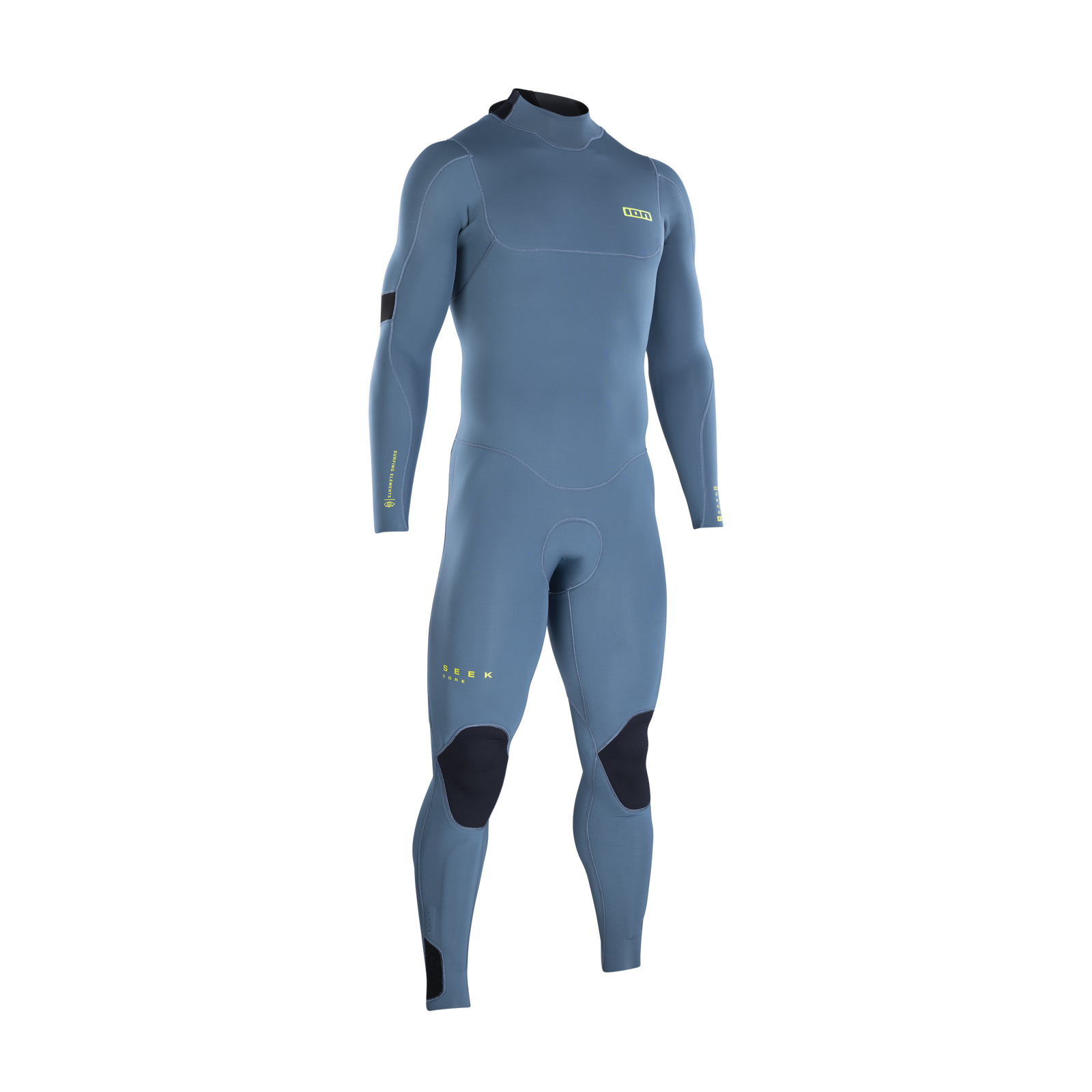 ION Seek Core 4/3mm back-zip fullsuit in steel blue with black knee reinforcements