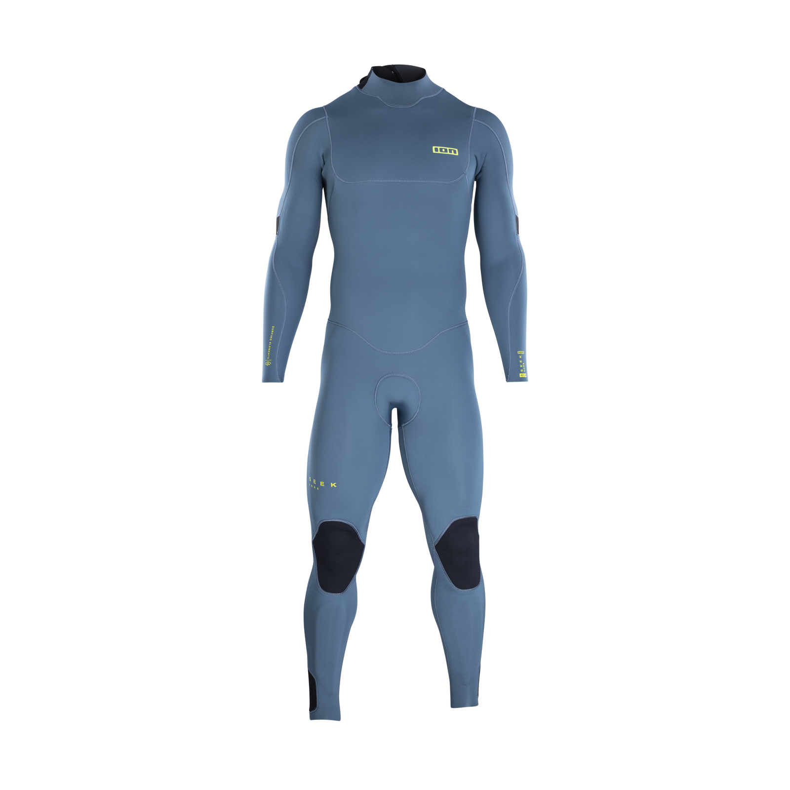 ION Seek Core 4/3mm back-zip fullsuit in steel blue with knee reinforcements