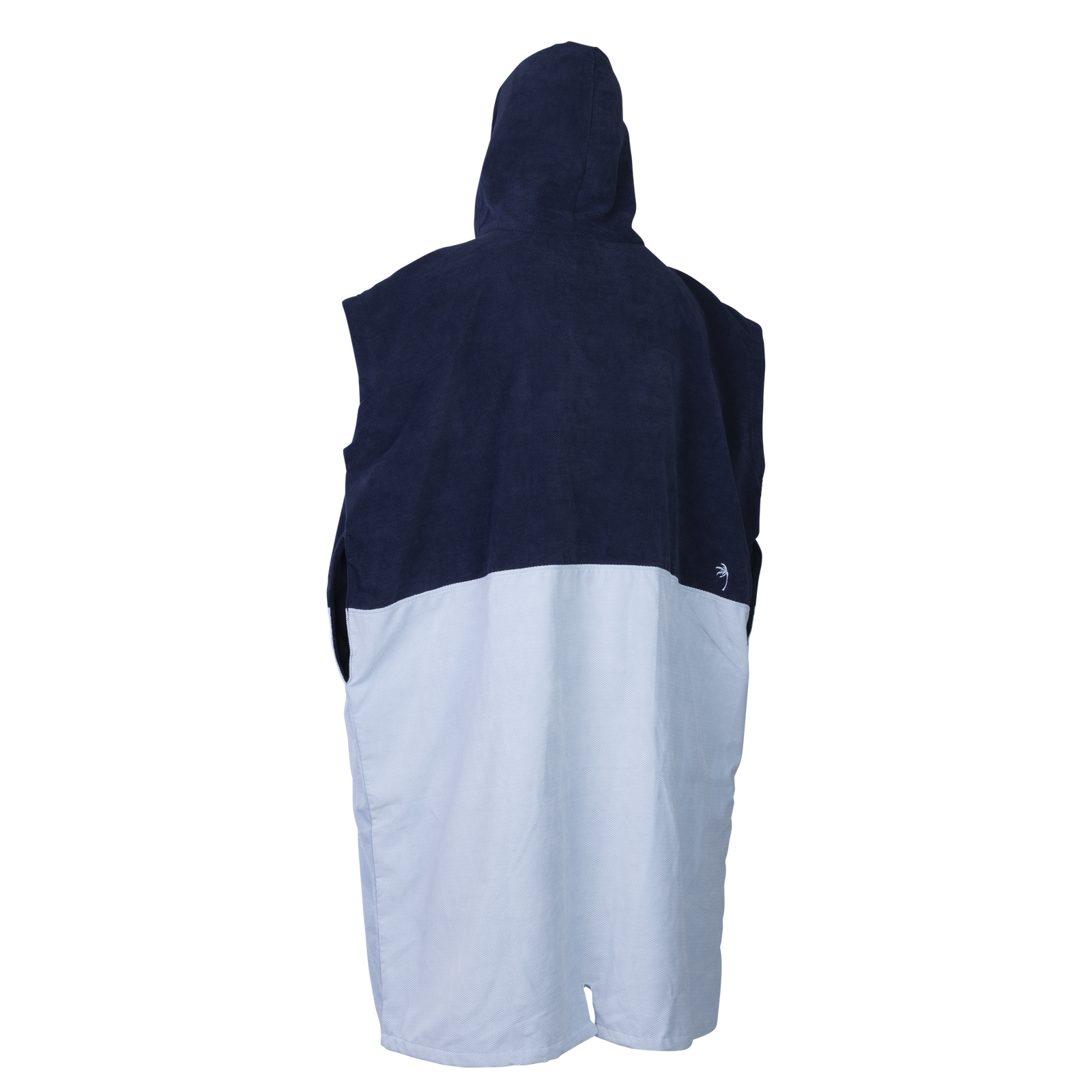 ION Poncho Select Bamboo men's changing robe in navy and light grey, back view with hood
