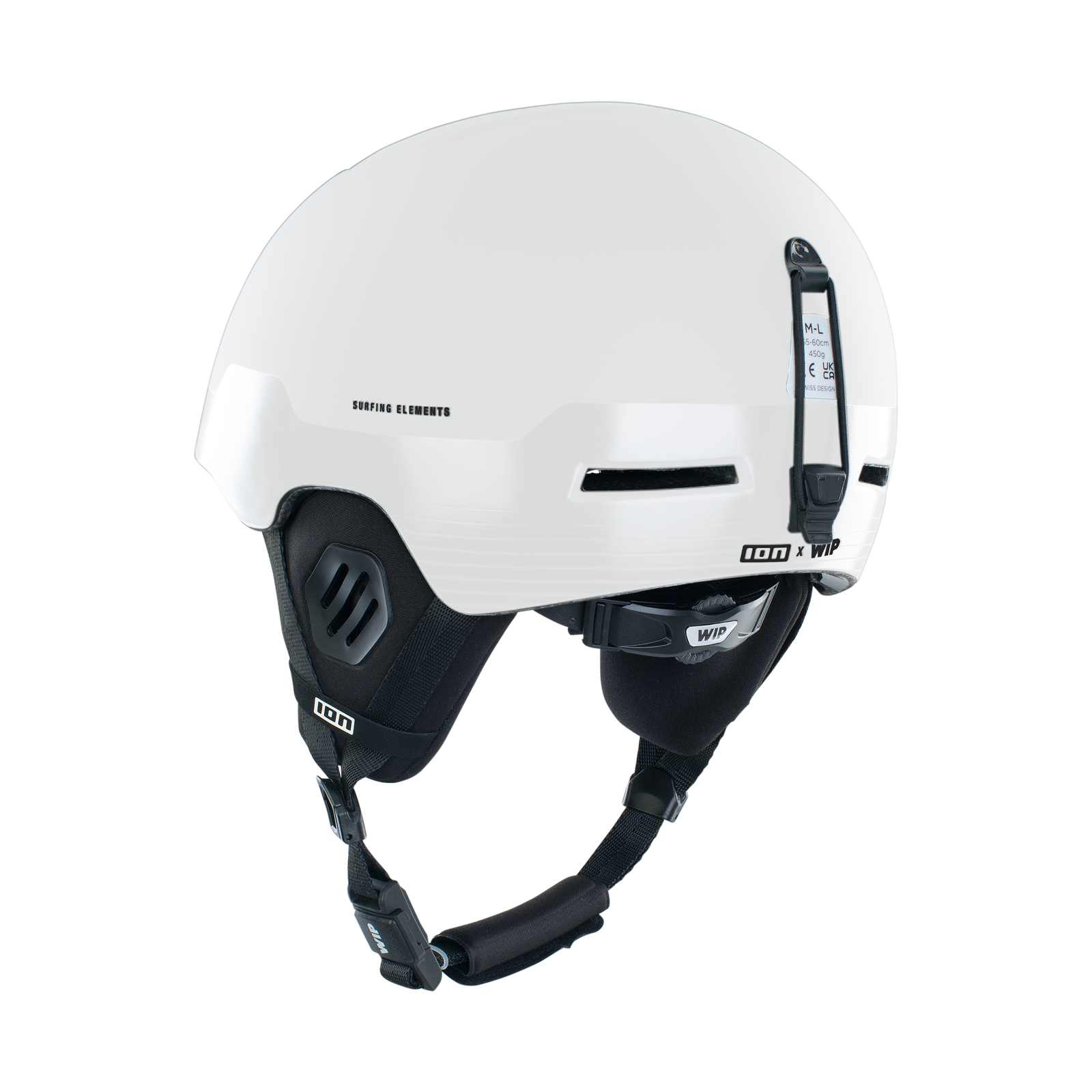 Casco ION Mission Select taglia M-L in bianco con paraorecchie neri, vista tre quarti