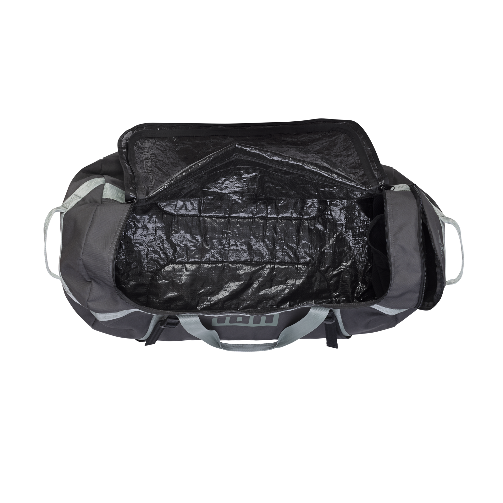 ION Session Duffel Bag 90l in nero jet, vista dall'alto aperta con fodera tarpee