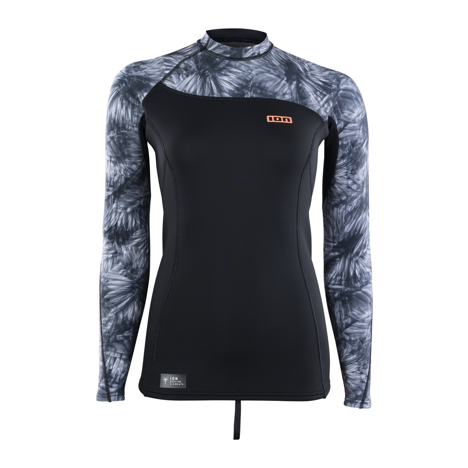 ION Neo Top 2/2 LS Damen Neoprentop in schwarz und dunkelgrau mit Tie-Dye-Print