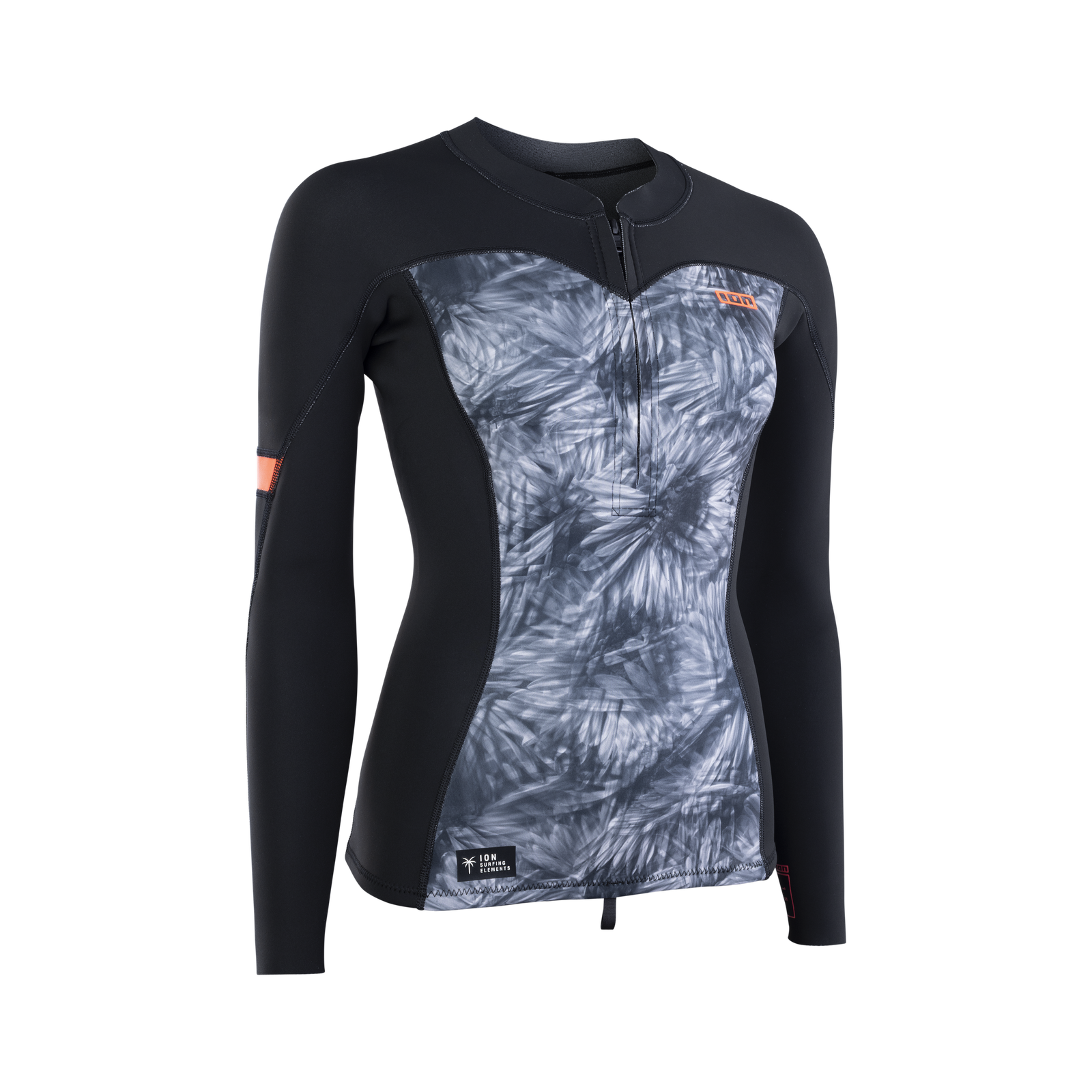 ION Neo Zip Top 1.5 women's long-sleeve neoprene top in black and grey with botanical print