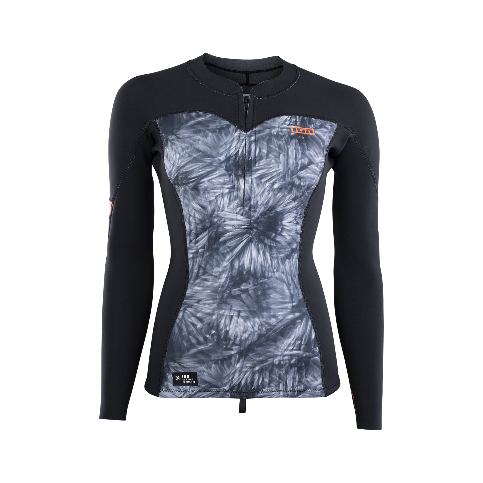 ION Neo Zip Top 1.5 women long-sleeve neoprene top in black and dark grey with abstract print