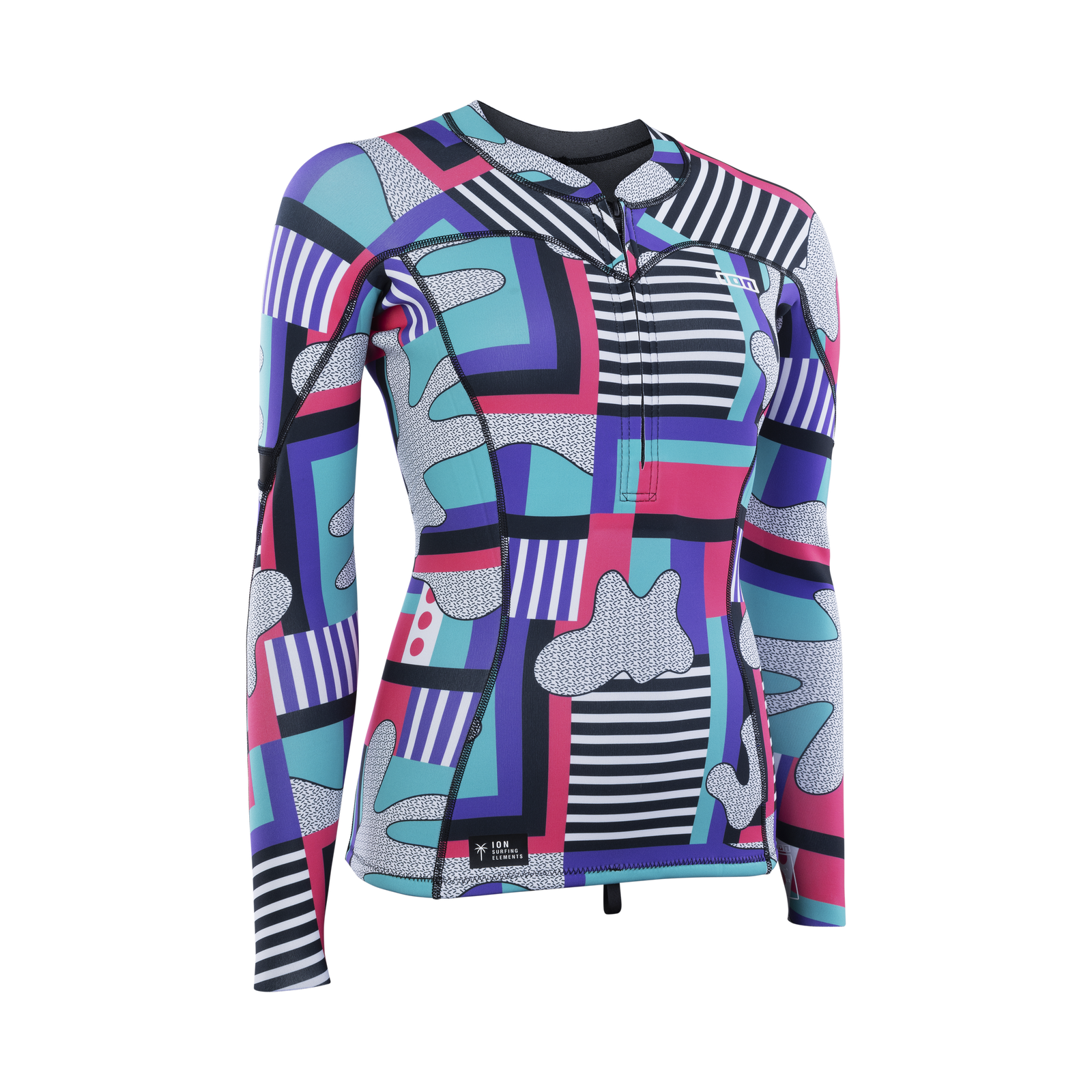 ION Neo Zip Top 1.5 women long-sleeve neoprene top in teal, purple, pink and black-white