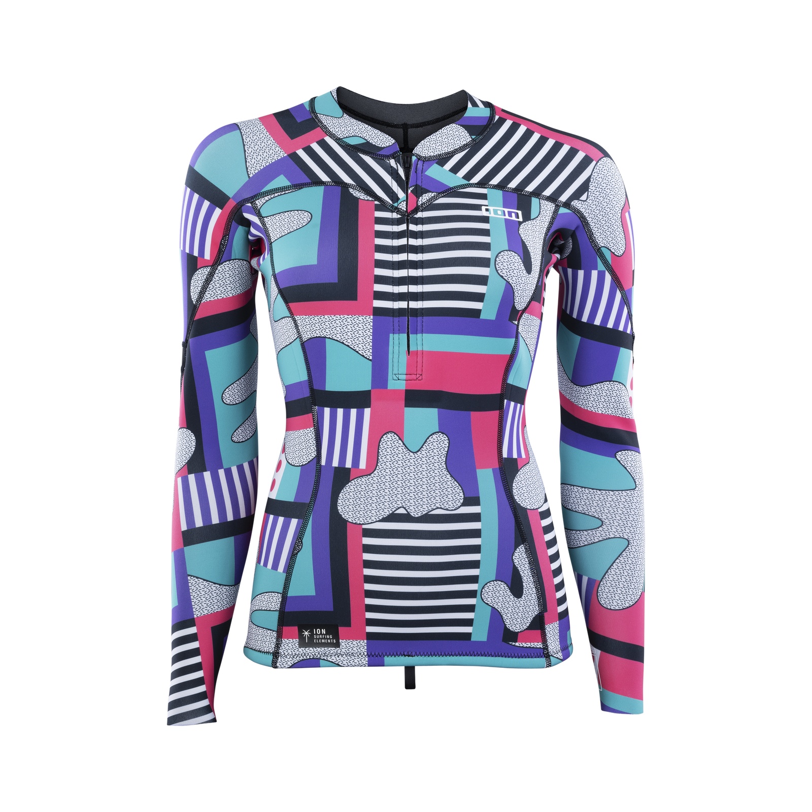 ION Neo Zip Top 1.5 women long-sleeve neoprene top in purple, cyan, pink and navy abstract print