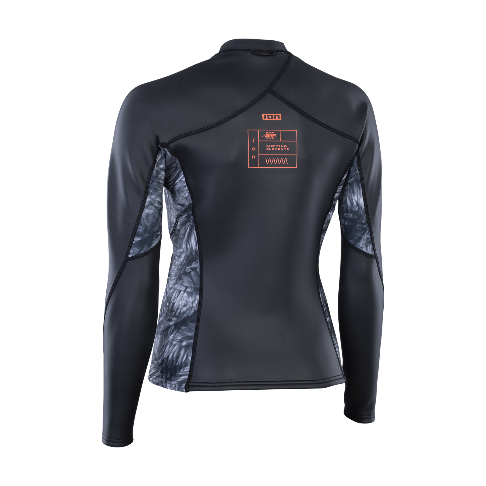 ION Neo Zip Top 2/1 LS Skin women long-sleeve neoprene top in dark charcoal with printed side panels, back view