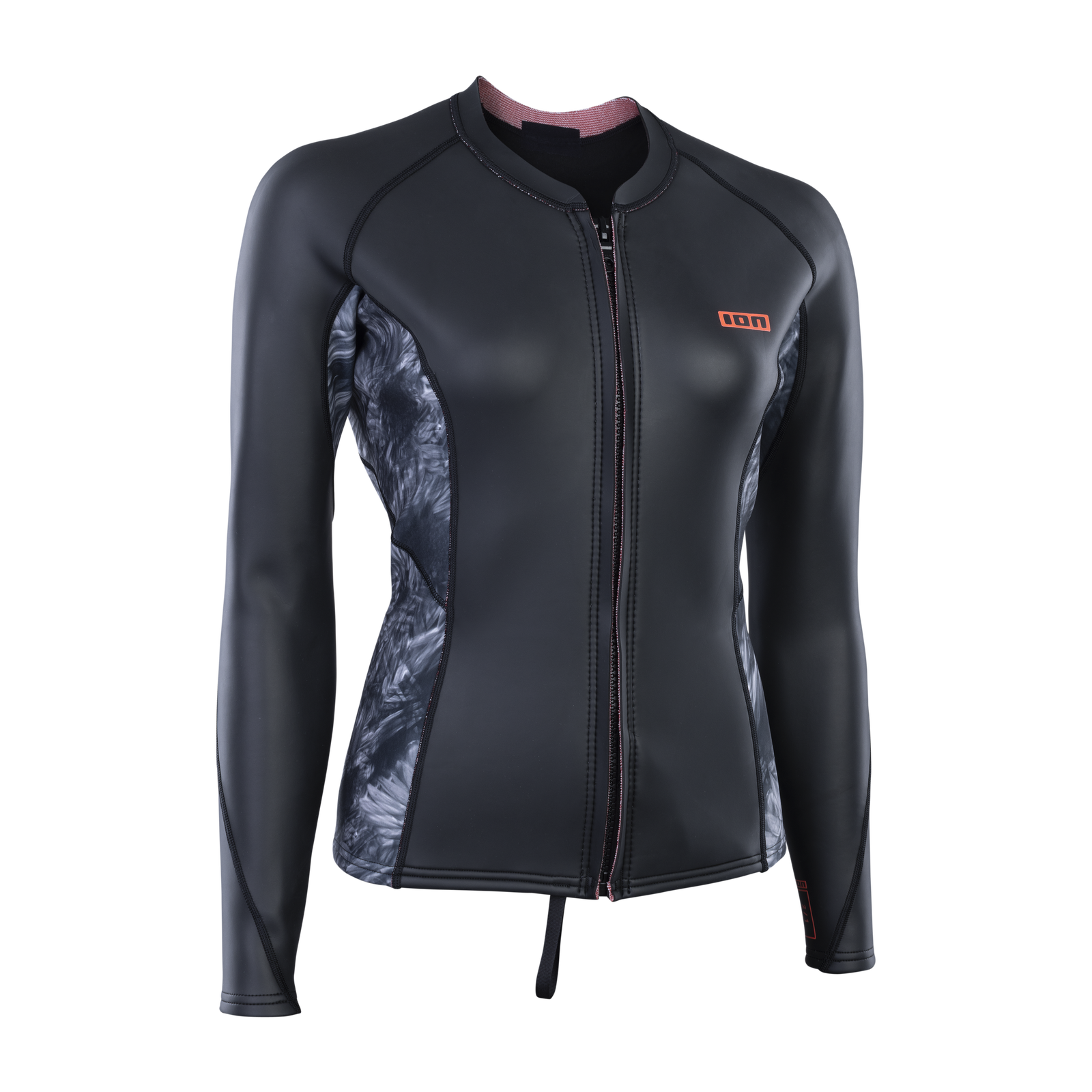 ION Neo Zip Top 2/1 LS Skin women neoprene zip top in charcoal with abstract print panels