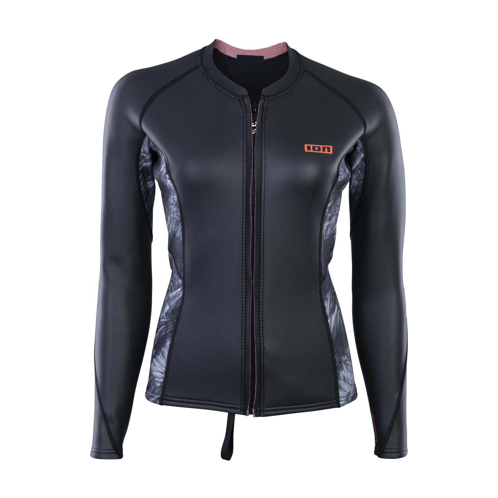 ION Neo Zip Top 2/1 LS Skin women long-sleeve neoprene top in black with grey abstract side panels