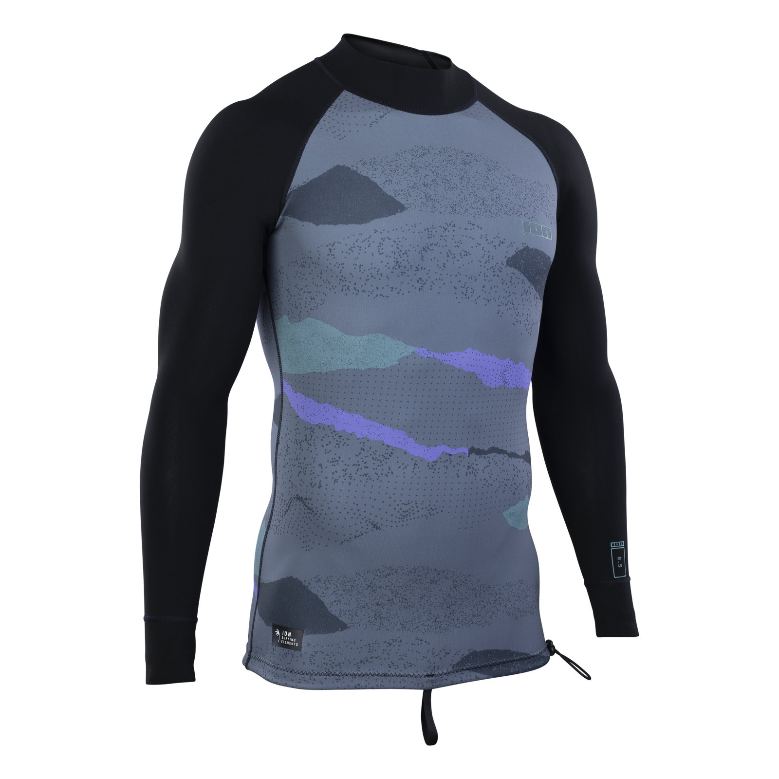 ION Neo Top 0.5 LS men's neoprene top in dark slate grey with abstract print and black sleeves