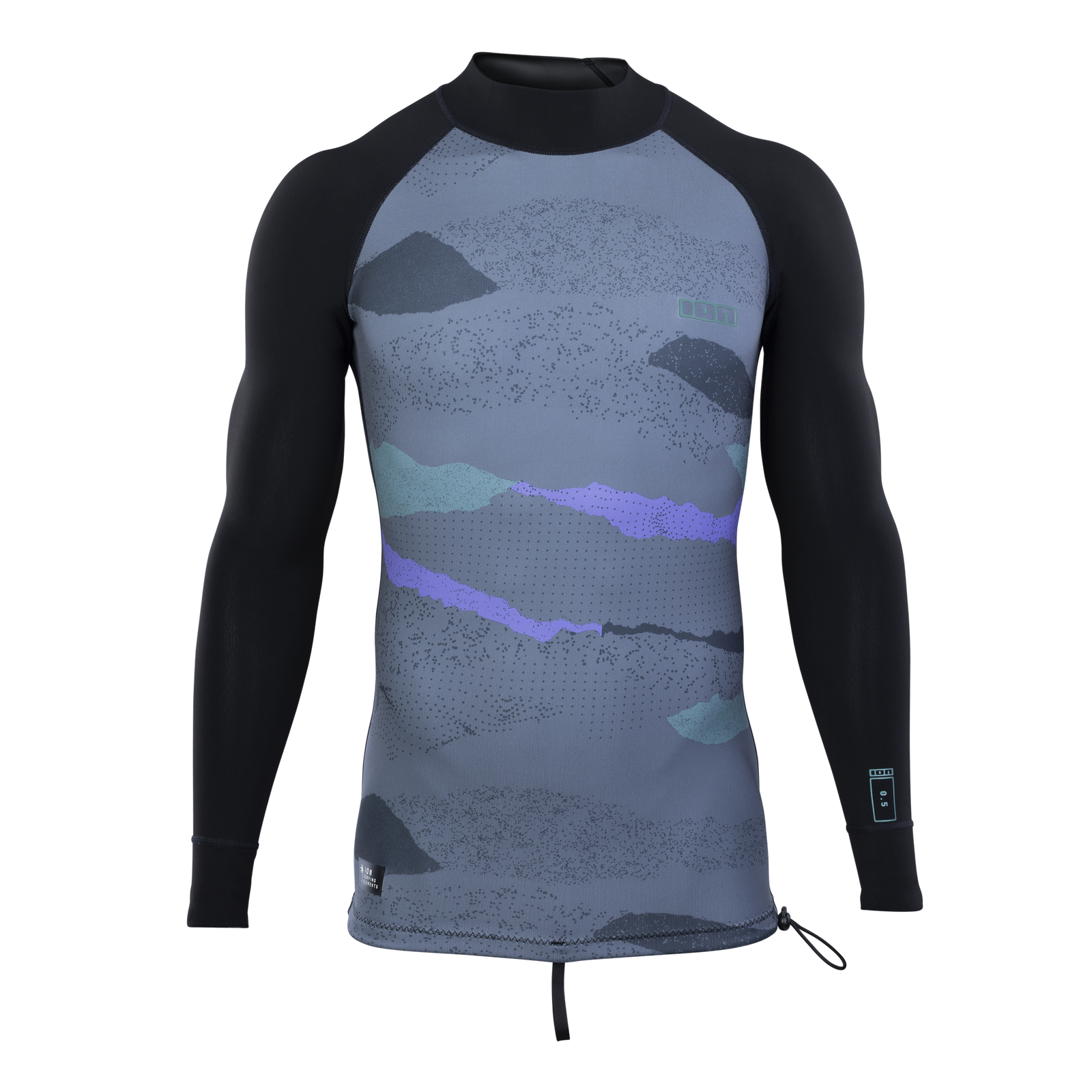 ION Neo Top 0.5 LS men's neoprene top in slate grey and black with abstract graphic print
