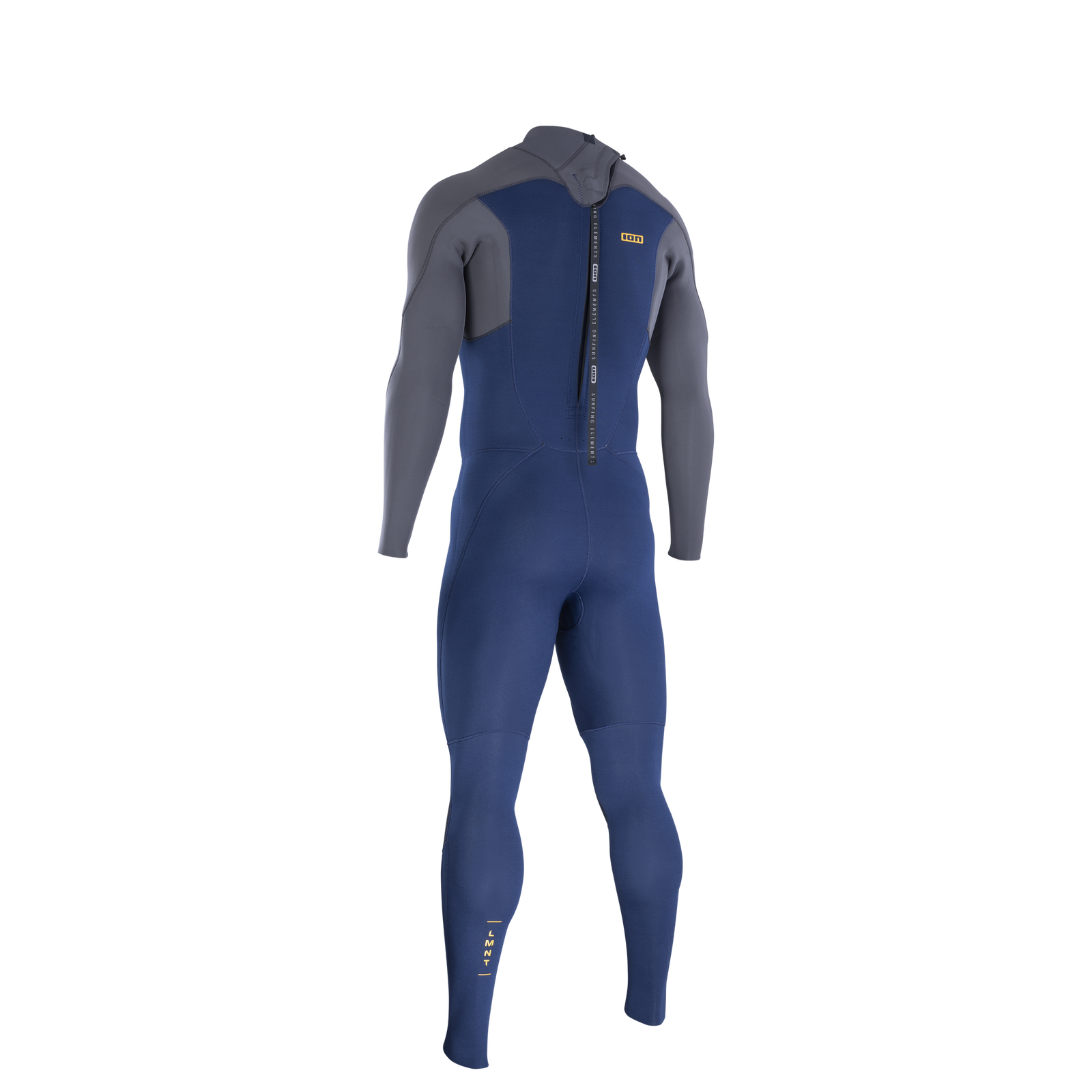 ION Element combinaison néoprène 3/2mm zip dos en bleu marine et gris, vue de dos