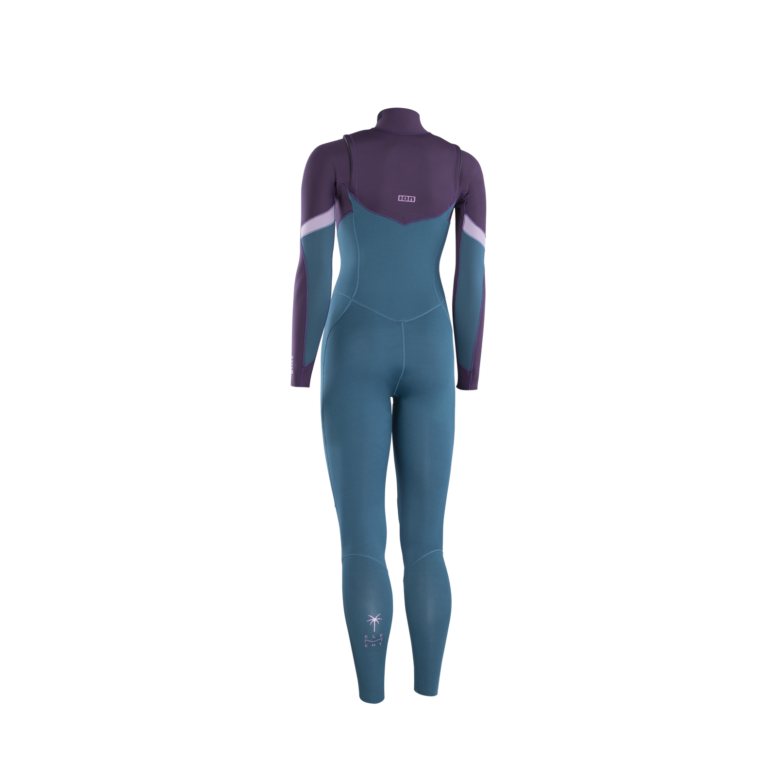 ION Element 3/2mm front-zip fullsuit women in teal and dark purple – back view