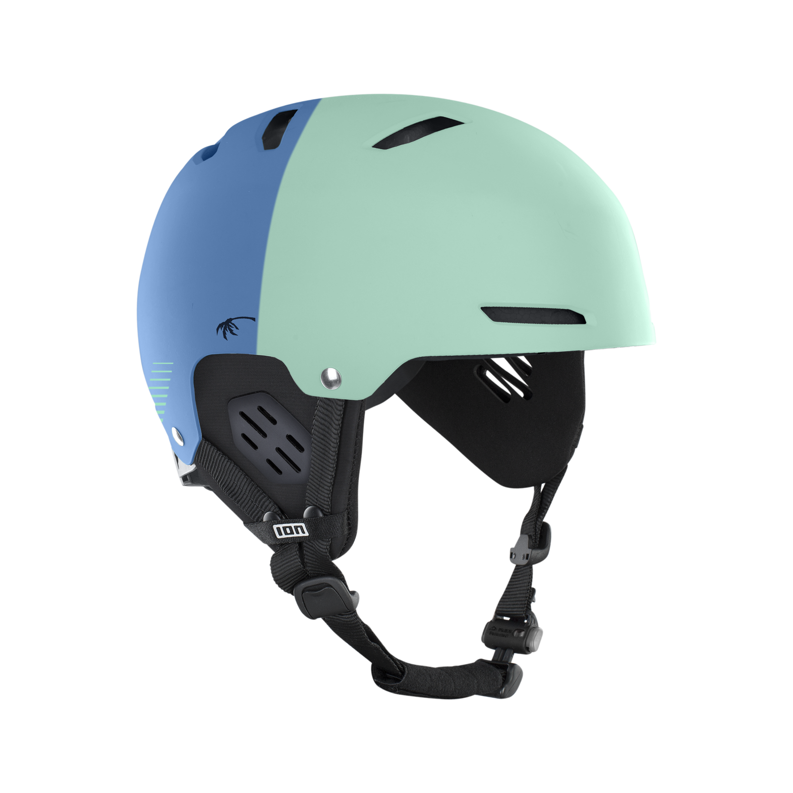 ION Slash Amp Helm in mint und stahlblau mit 360-Fit-System und integrierten Ohrpolstern