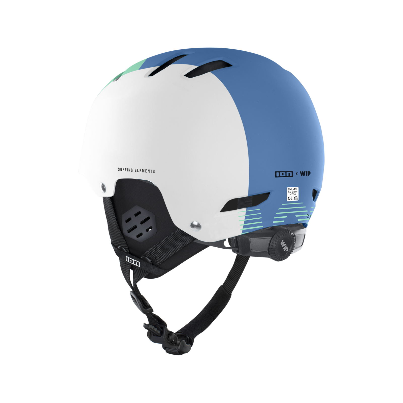 ION Slash Amp Helm in stahlblau und weiß mit mintgrünen Akzenten, Dreiviertelansicht