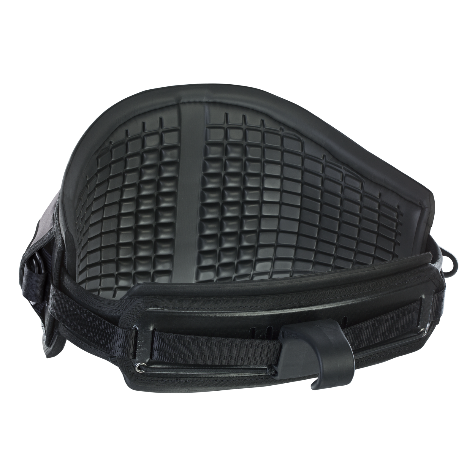 ION Rave waist harness in black with molded EVA shell and sliding hook for wing foiling