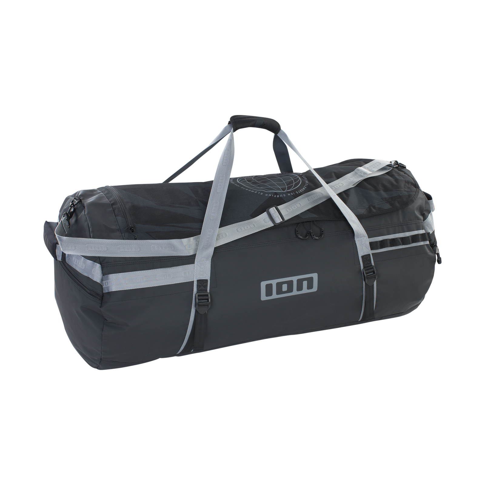 ION Suspect duffel bag 90l in black with grey straps, three-quarter view