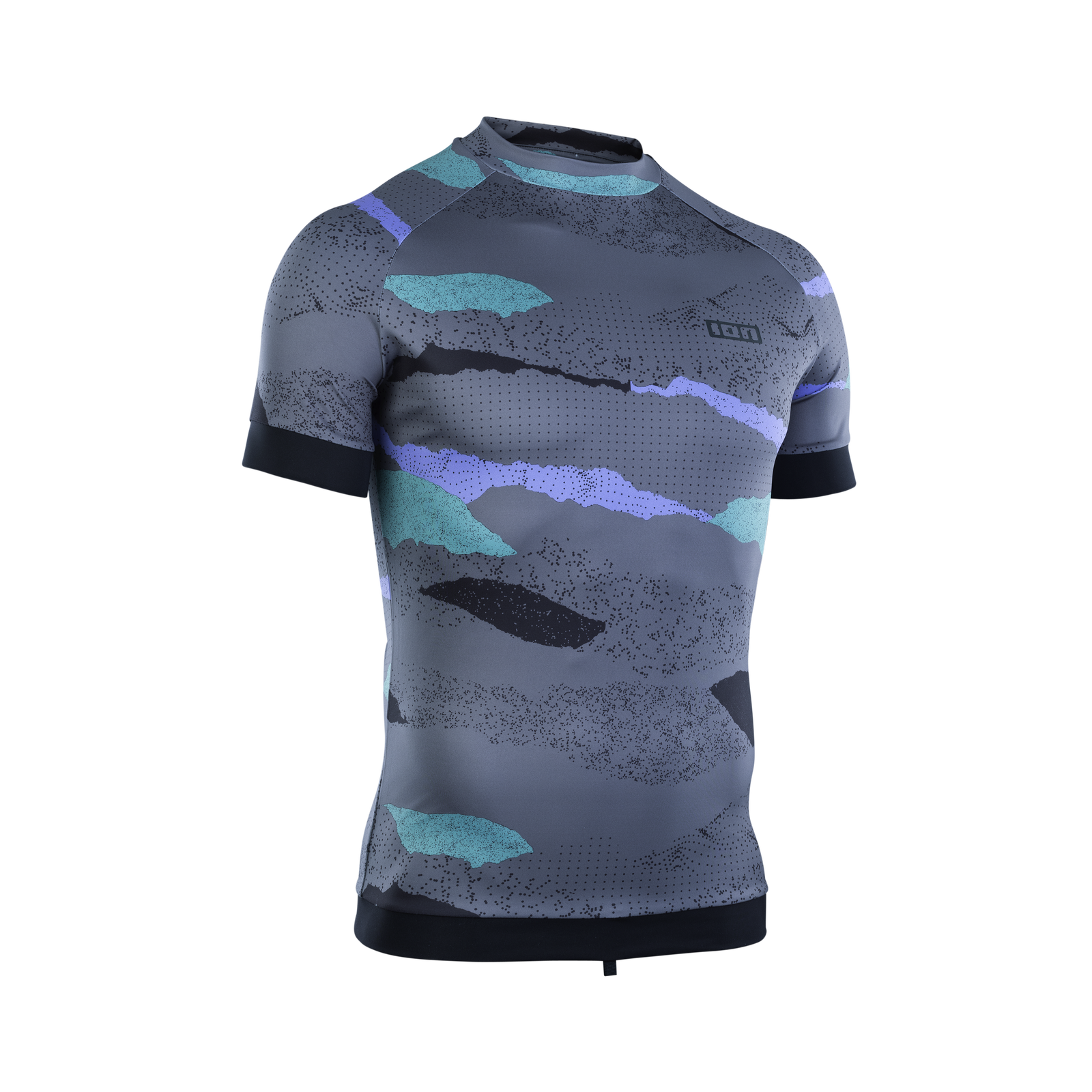 ION Maze Rashguard Kurzarm Herren in schiefergrau mit türkis-lila Print