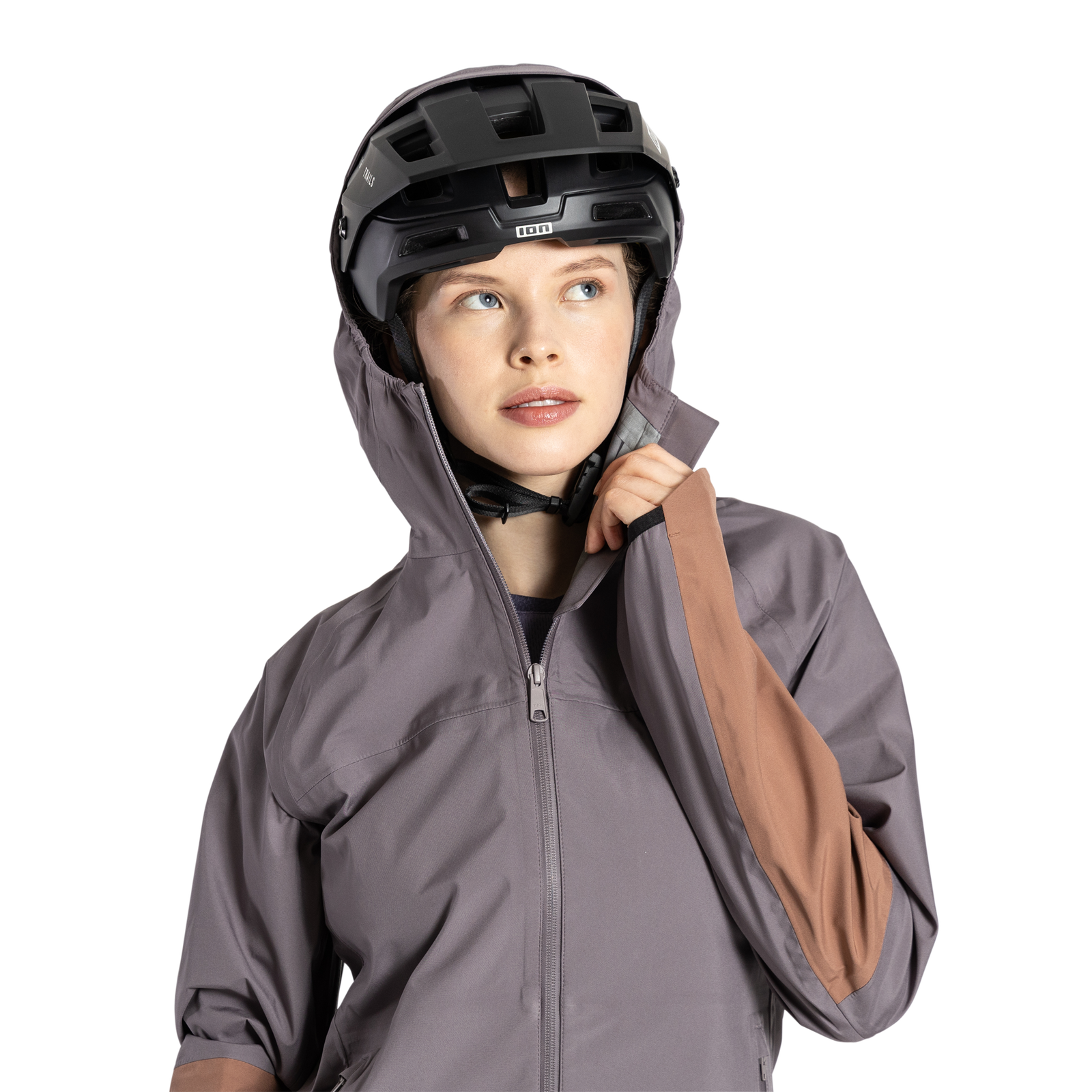 ION Bike Shelter 3L women's cycling jacket in shark grey with helmet-compatible hood for mountain biking