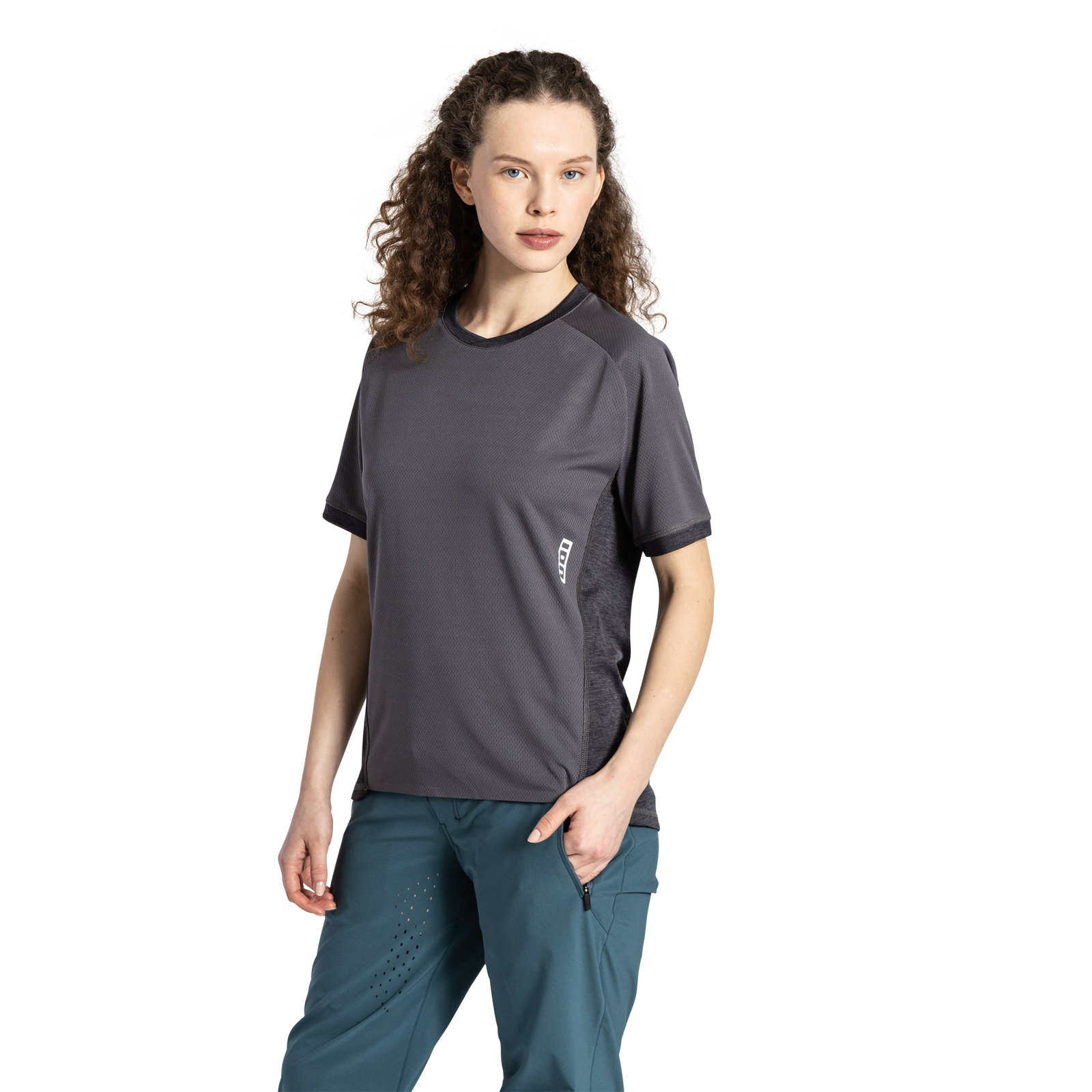 ION Bike TECH Logo Kurzarm-Radtrikot Damen in charcoal grau mit schwarzen Mesh-Seitenpaneelen für Mountainbiking