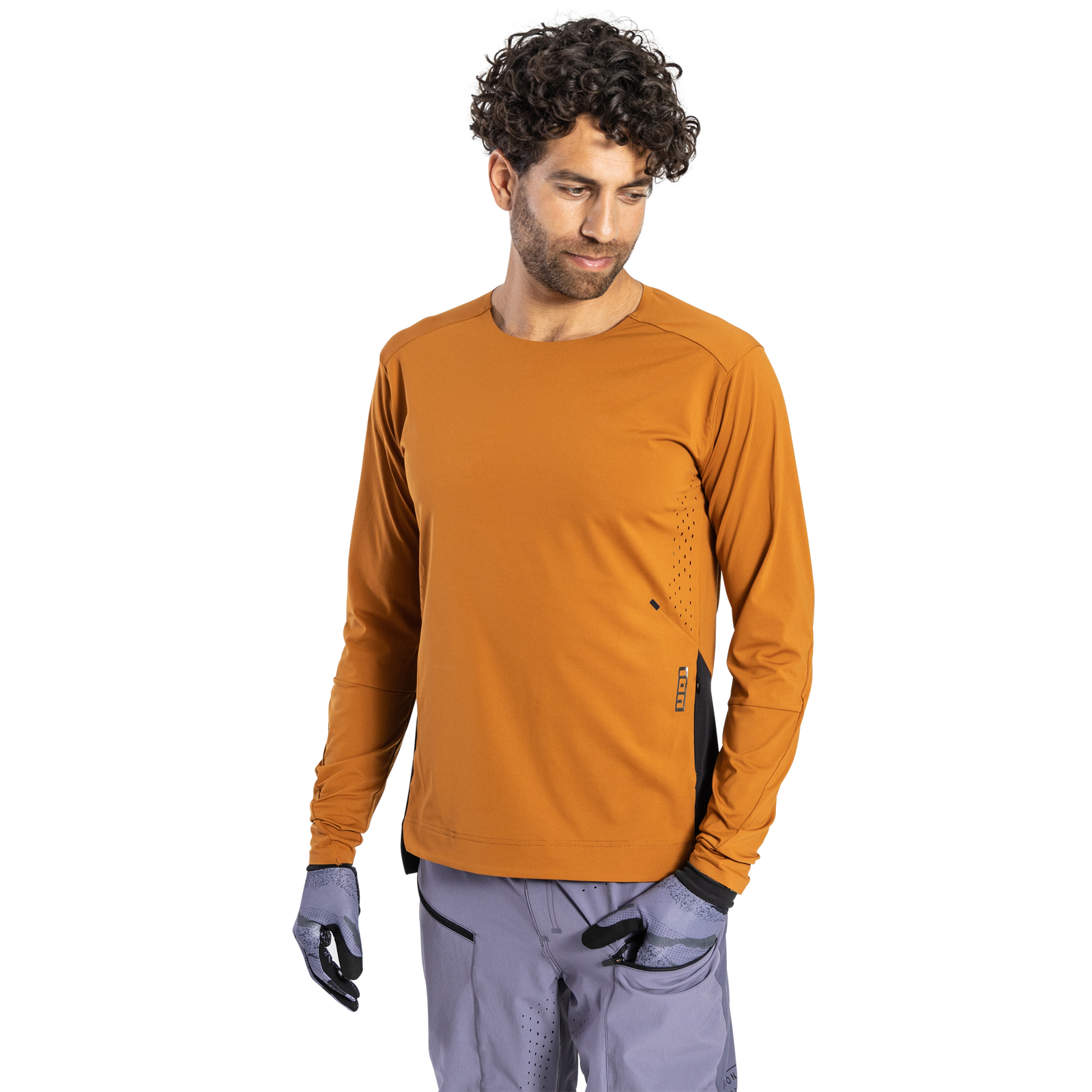 ION Scrub Amp long sleeve cycling jersey in amber brown for freeride and enduro mountain biking
