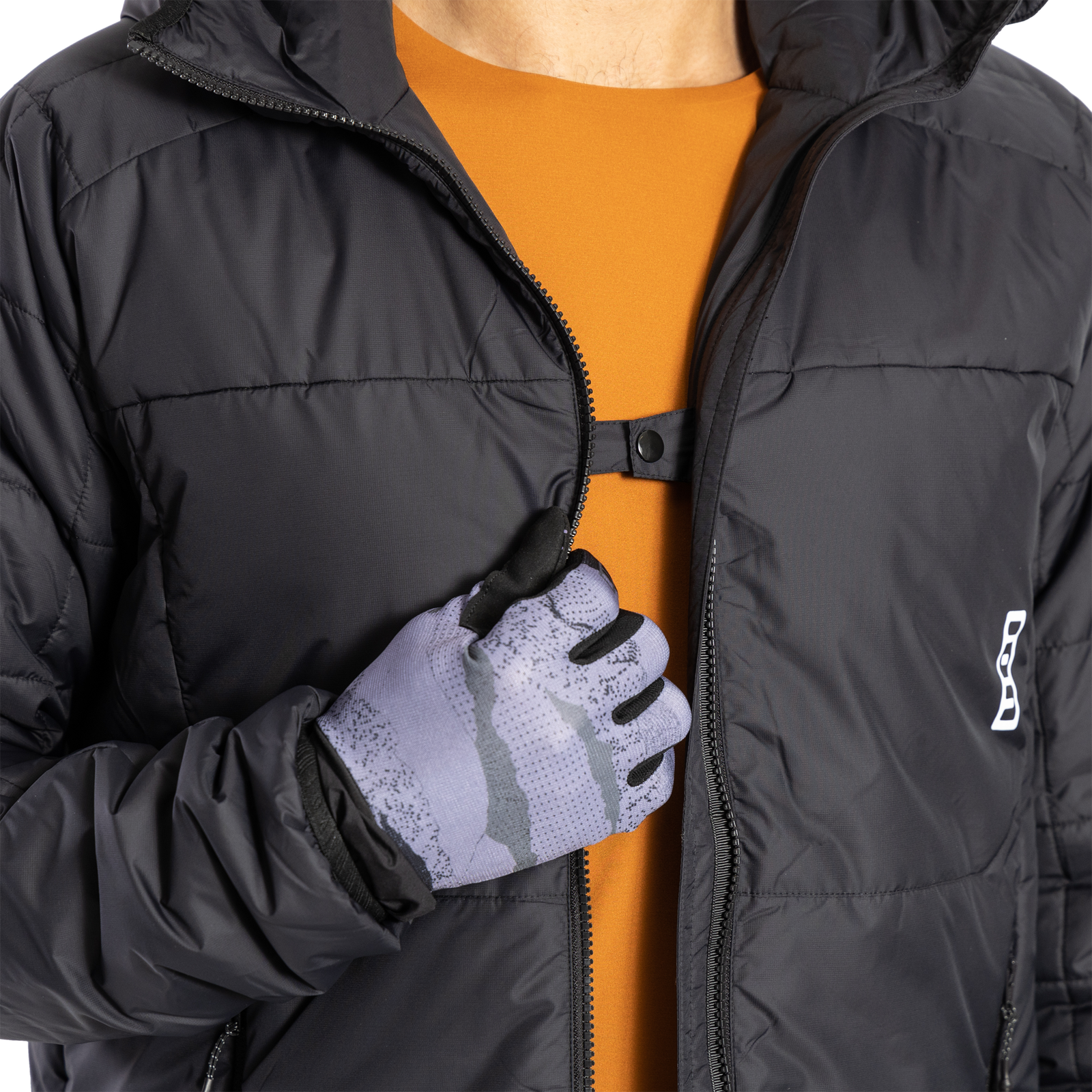 ION Primaloft Shelter men's cycling jacket in black with hood and zip pockets for cold weather mountain biking