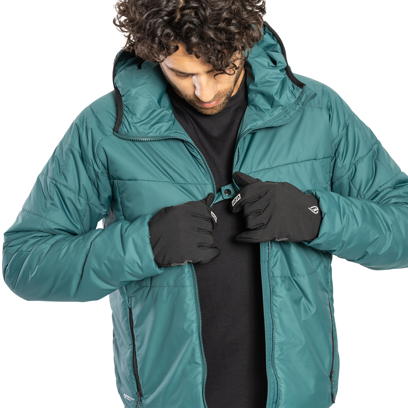 ION Bike Primaloft Shelter cycling jacket men in dark teal being zipped up on model