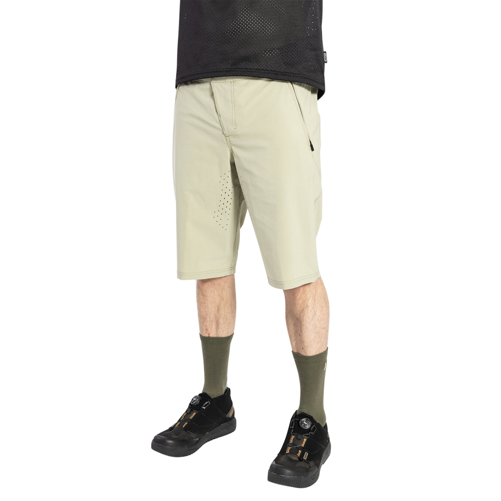 ION Bike TECH Logo cycling shorts men in sage green with laser vents for mountain biking