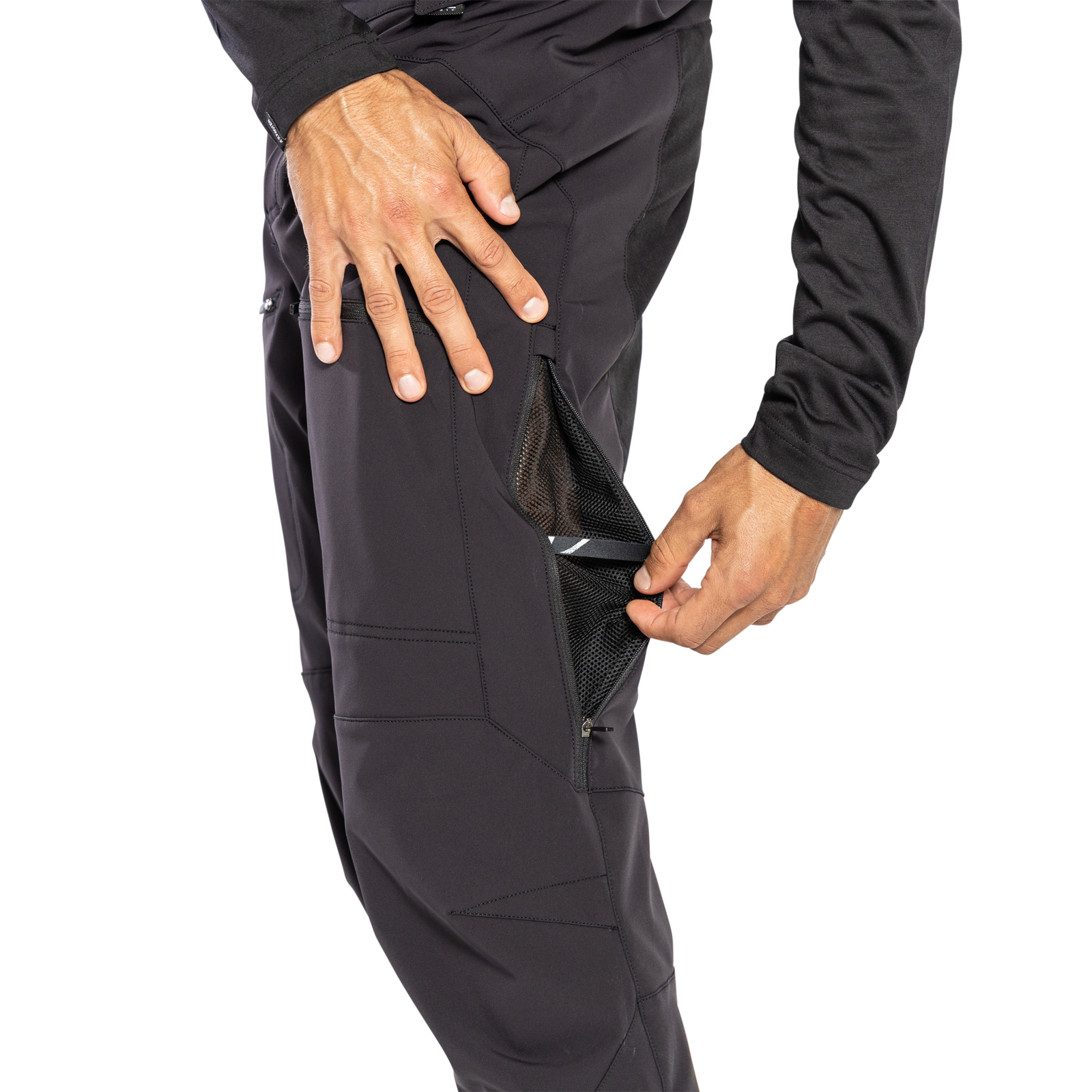 ION Bike Shelter 3L MTB pants in black with open thigh ventilation zip detail