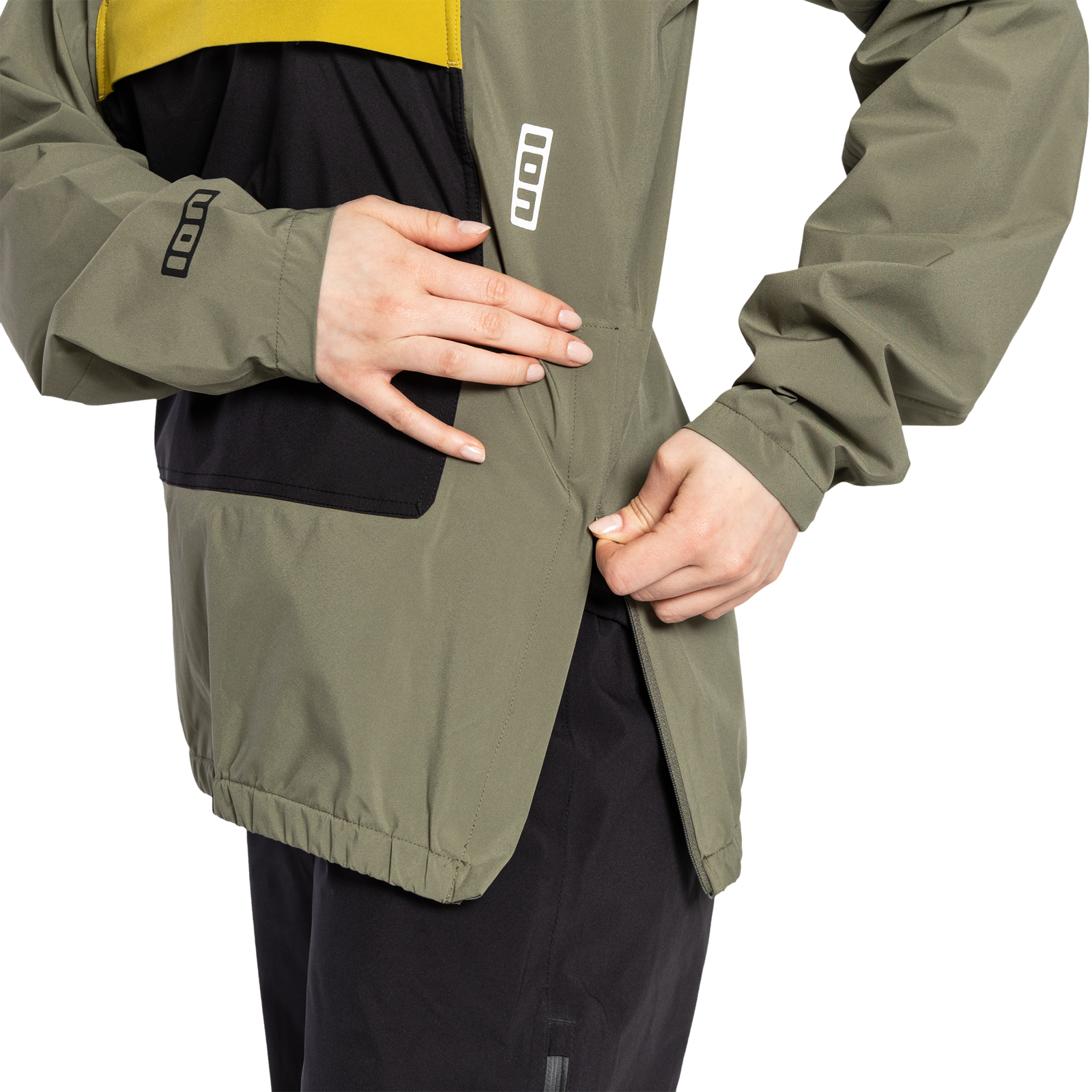 ION Bike Shelter Anorak 2.5L cycling jacket in olive, mustard and black – pocket detail