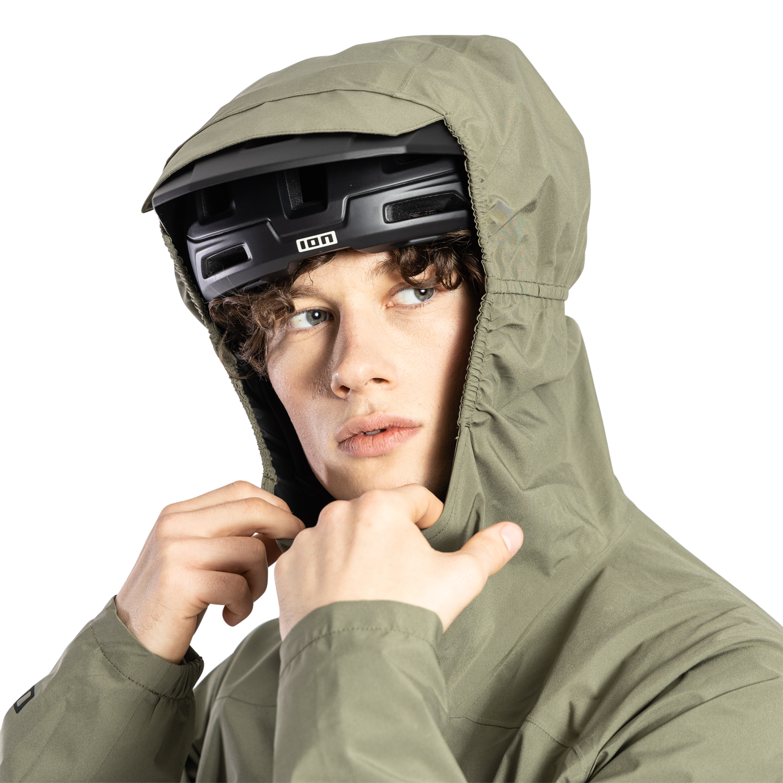 ION Bike Shelter Anorak 2.5L cycling jacket in dusty leaves with under-helmet hood detail