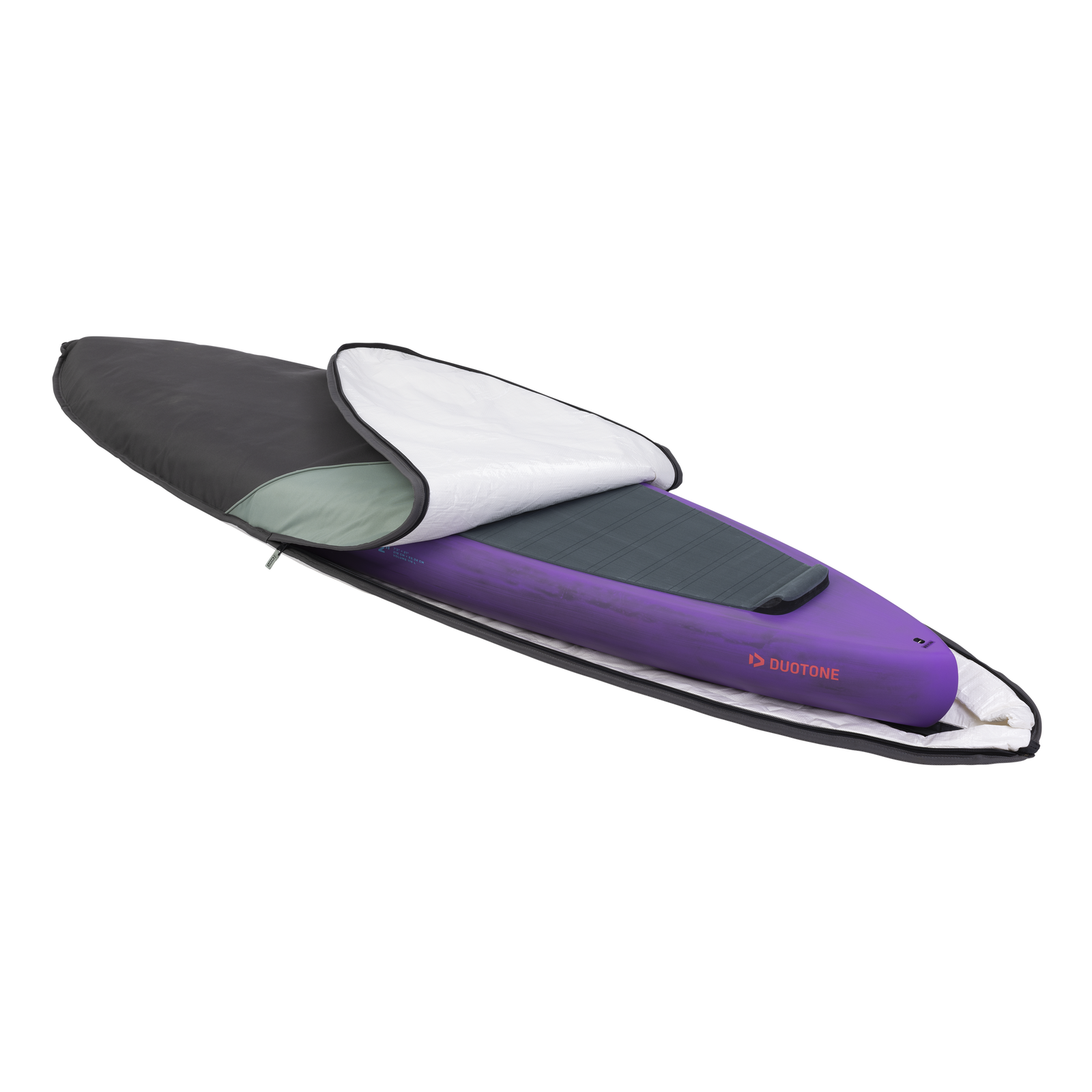 ION Foil Boardbag Core Downwinder in dark charcoal, open showing purple foil downwinder board
