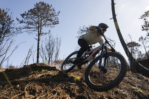 ION Bike Traze short-sleeve MTB jersey men in cream during mountain biking on forest trail