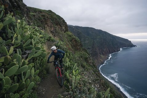 ION Bike Traze Amp LS AFT Damen Langarm-Trikot in dunklem teal beim Mountainbiken an der Küste