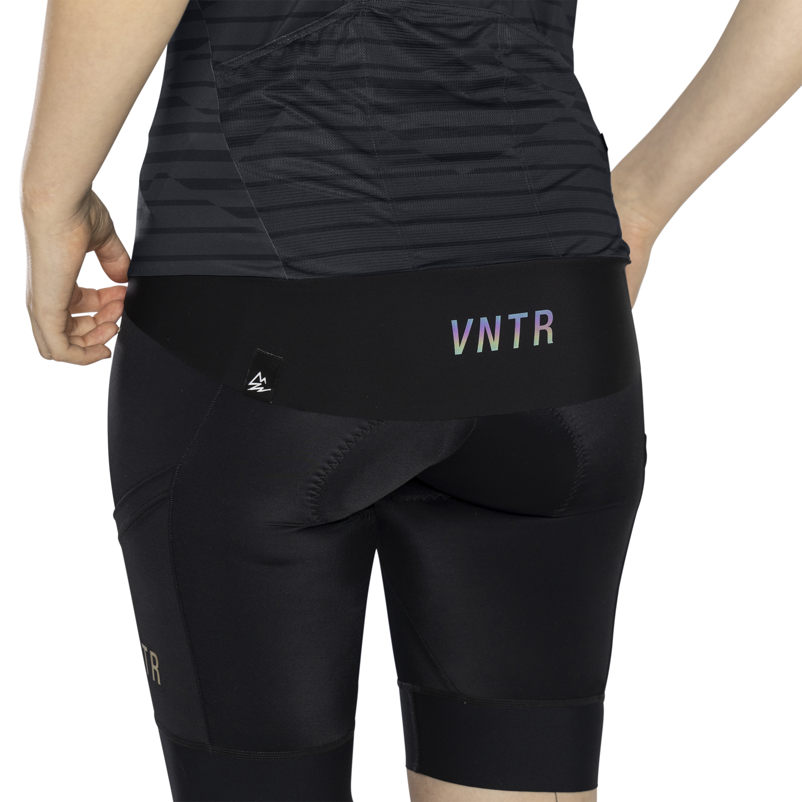 ION Bike VNTR Amp women's cycling shorts in black with reflective iridescent print for gravel riding