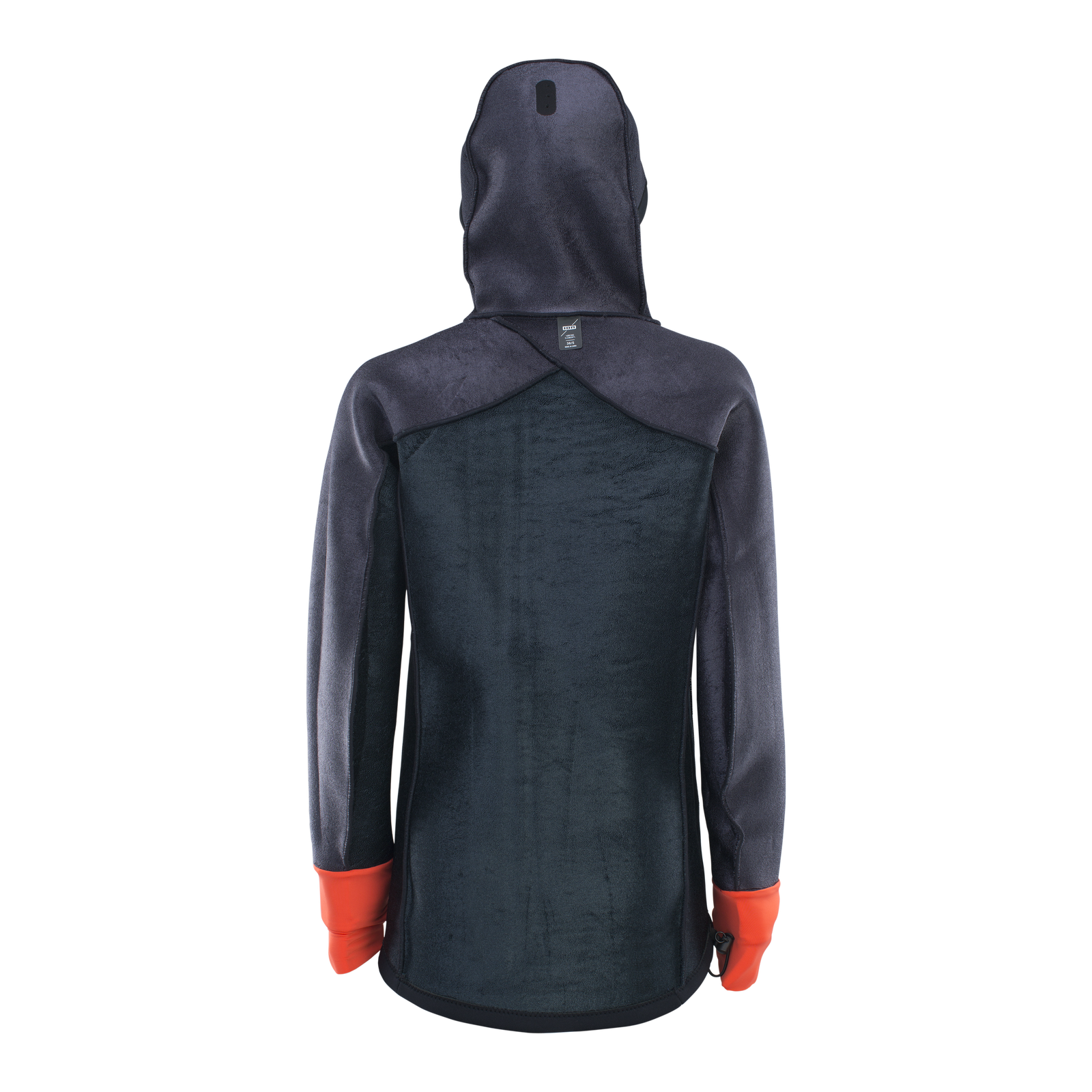 ION Neo Shelter Jacket Amp casaco de neoprene feminino em preto carvão e laranja ferrugem, vista traseira
